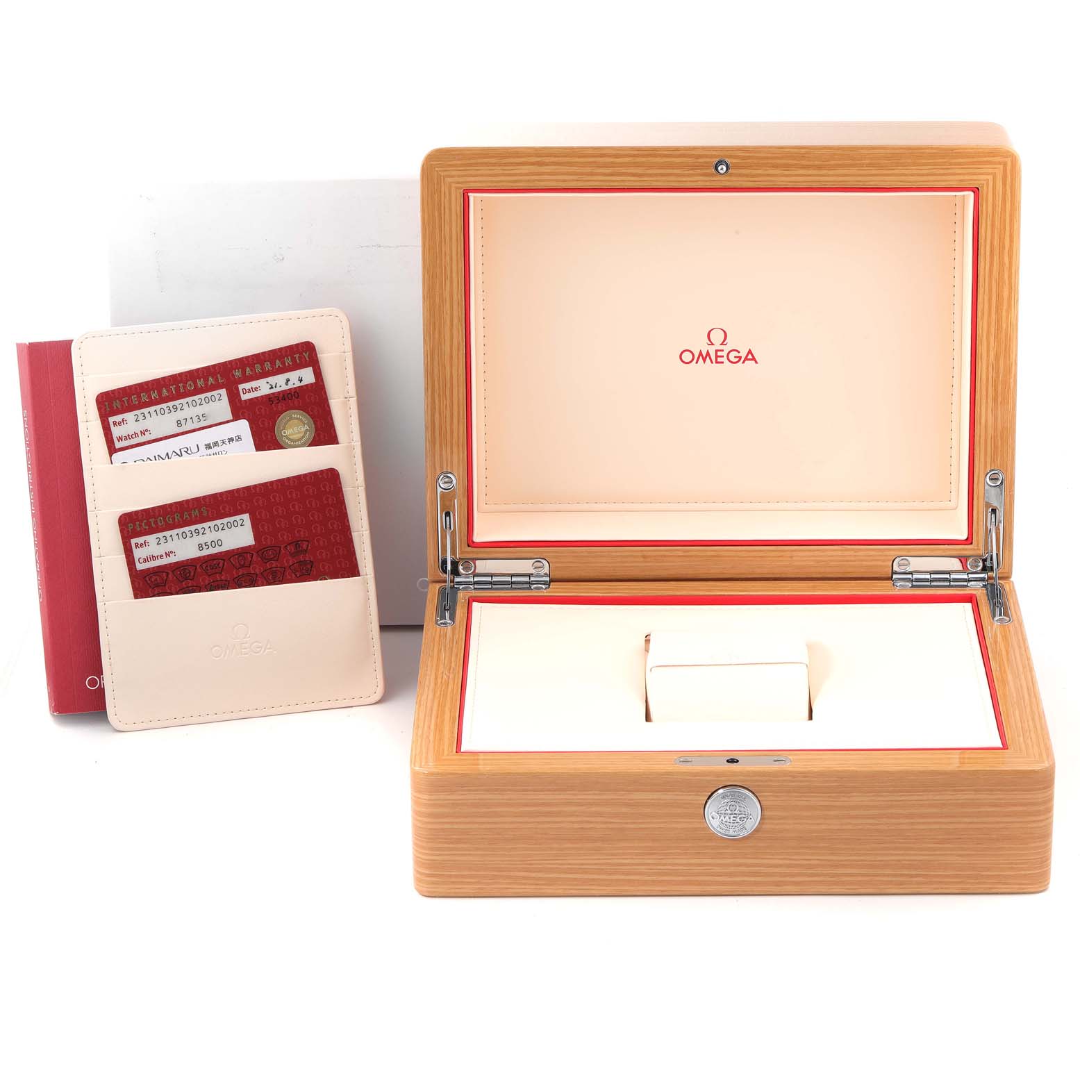 The image shows an Omega Aqua Terra 231.10.39.21.02.002 Men
s Stainless Steel Silver Dial 231.10.39.21.02.002 Men
s Stainless Steel Silver Dial watch box, open, with warranty cards and documentation beside it.