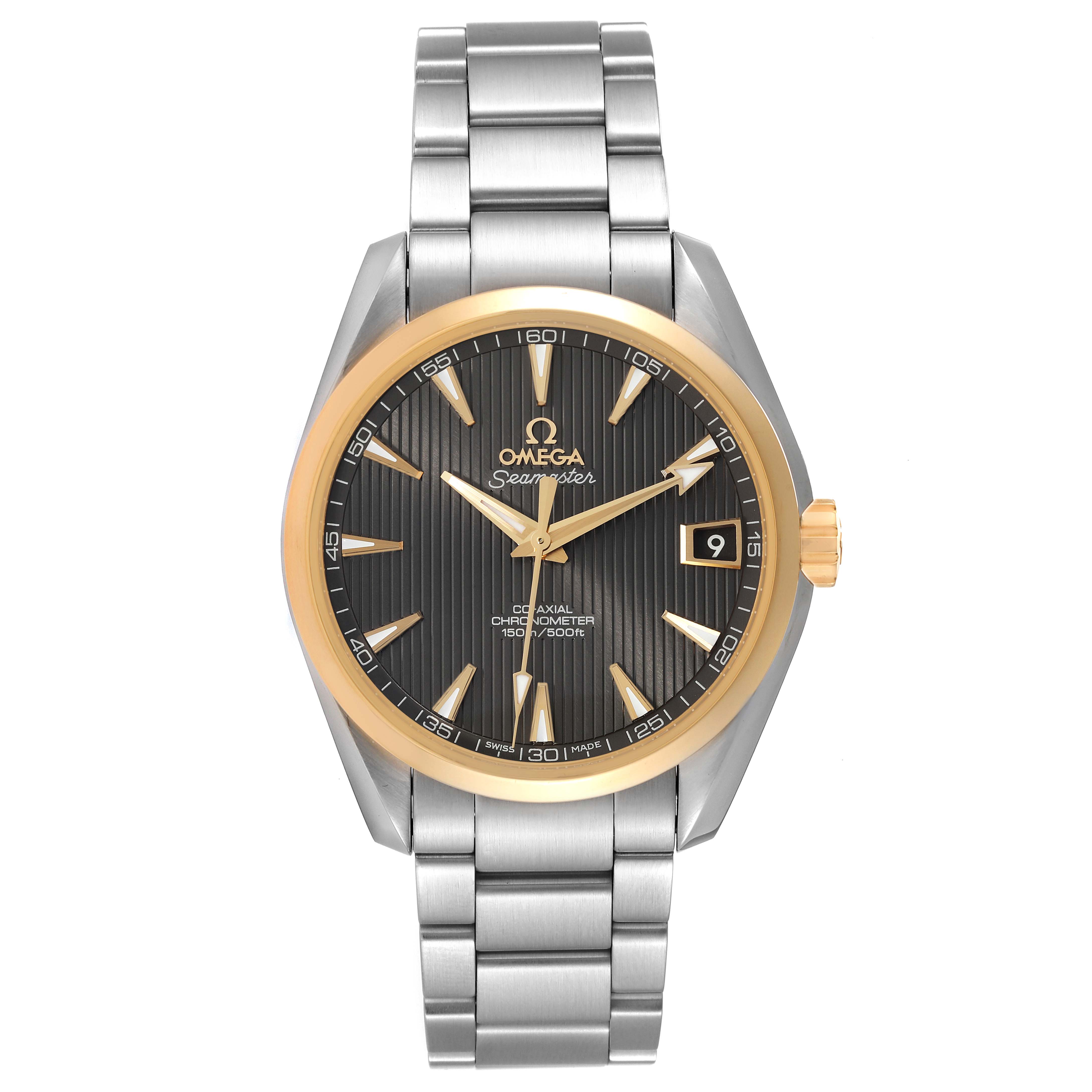 Front view of the Omega Aqua Terra 231.20.39.21.06.004 Men's Stainless Steel Grey Dial 231.20.39.21.06.004 Men's Stainless Steel Grey Dial watch, showing the dial, bracelet, bezel, crown, and date window.