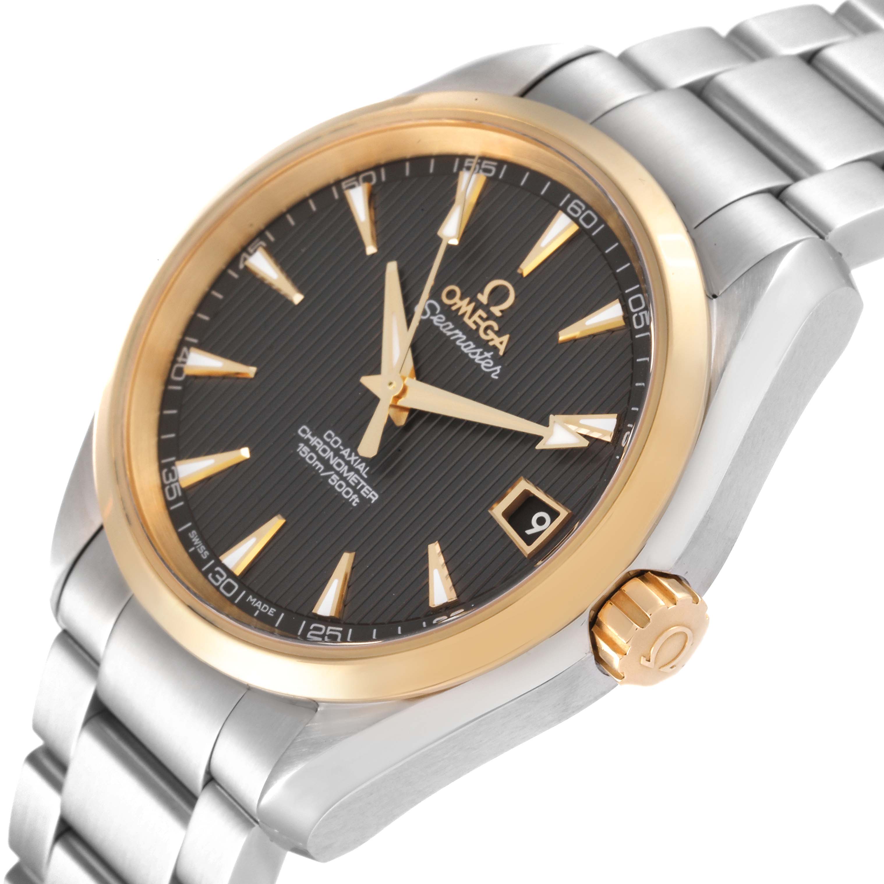 This image shows an angled close-up of the Omega Aqua Terra 231.20.39.21.06.004 Men's Stainless Steel Grey Dial 231.20.39.21.06.004 Men's Stainless Steel Grey Dial watch, highlighting the face, bezel, and part of the bracelet.