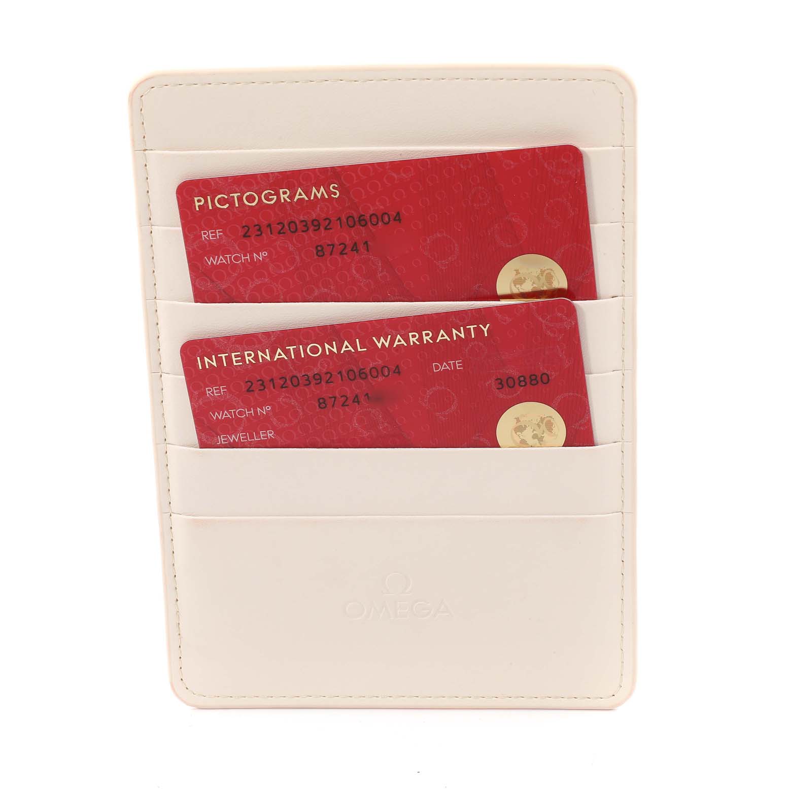 This shows the Omega Aqua Terra 231.20.39.21.06.004 Men's Stainless Steel Grey Dial 231.20.39.21.06.004 Men's Stainless Steel Grey Dial watch's warranty and pictogram cards in a white cardholder.