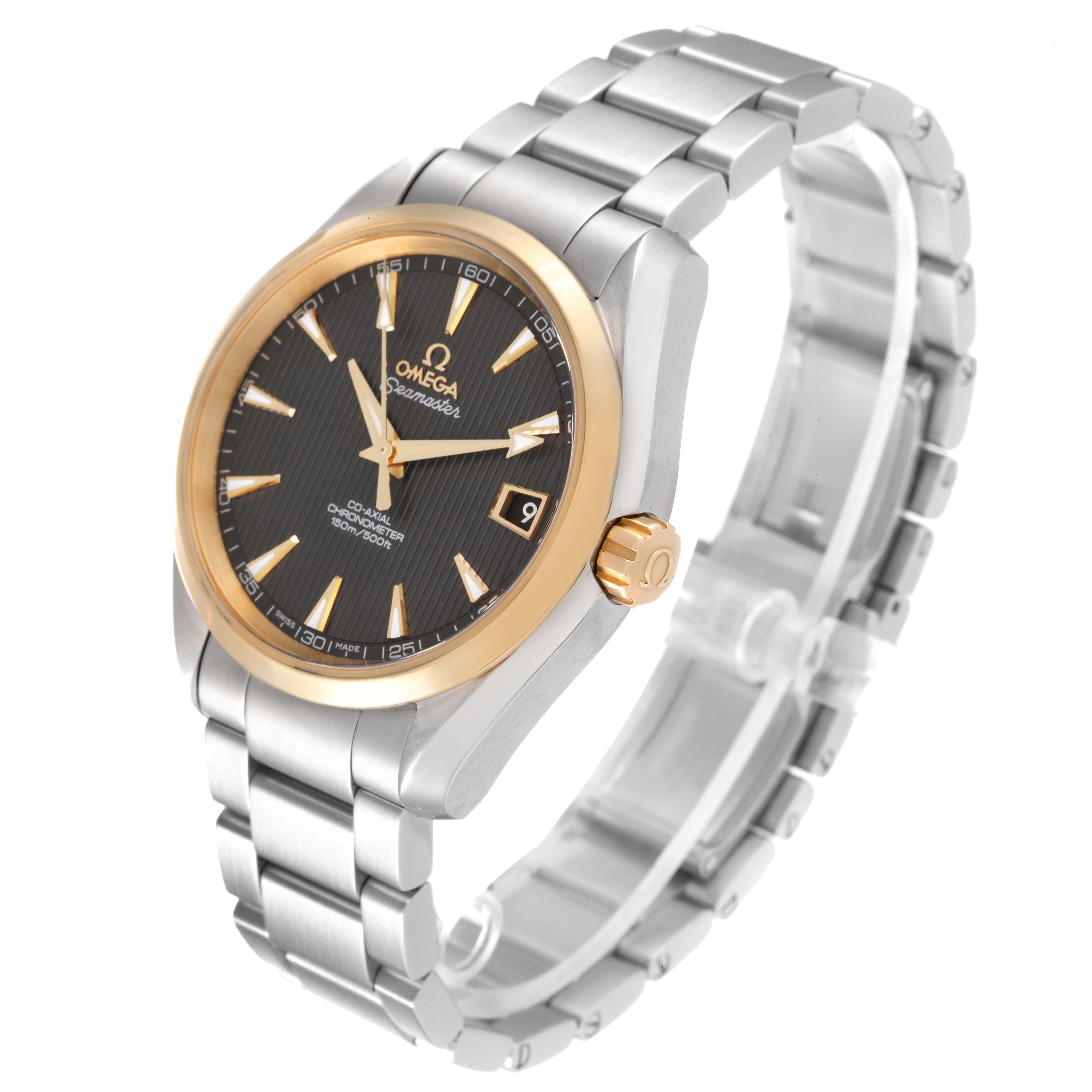 The image shows an Omega Aqua Terra 231.20.39.21.06.004 Men's Stainless Steel Grey Dial 231.20.39.21.06.004 Men's Stainless Steel Grey Dial watch at an angle highlighting the face, bezel, crown, and bracelet.