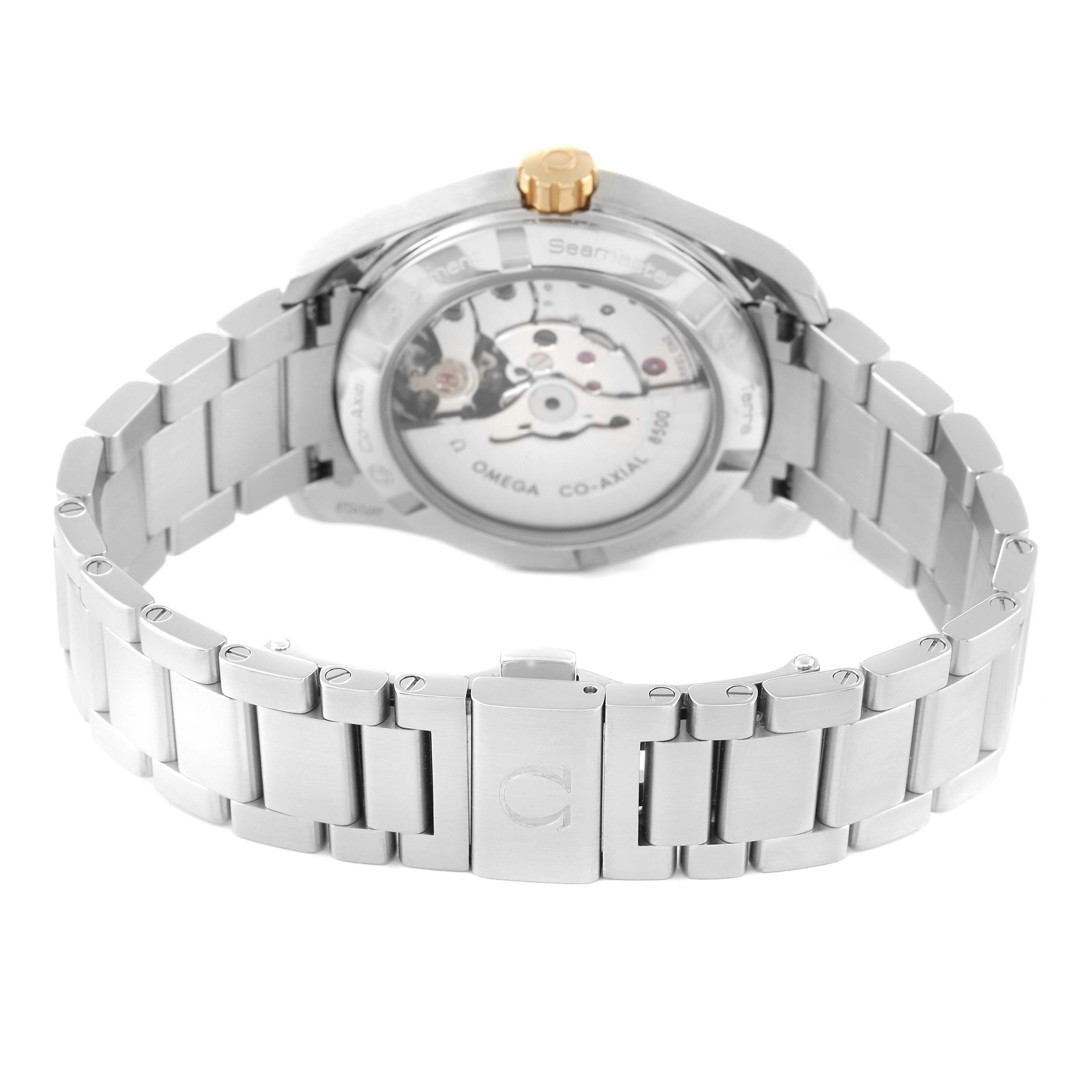 The image shows the back and side of the Omega Aqua Terra 231.20.39.21.06.004 Men's Stainless Steel Grey Dial 231.20.39.21.06.004 Men's Stainless Steel Grey Dial watch, highlighting its movement and metal bracelet.