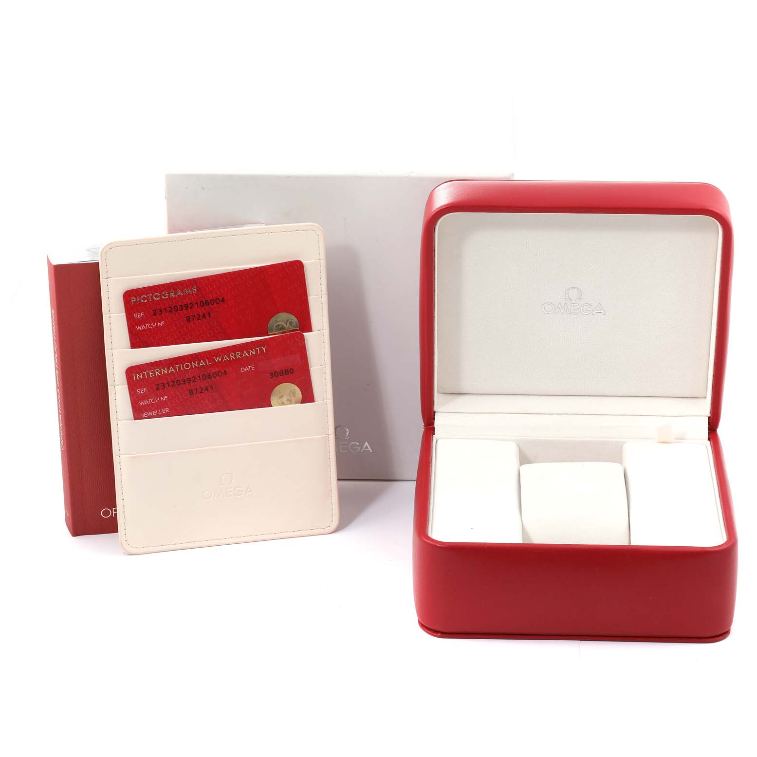 The image shows the Omega Aqua Terra 231.20.39.21.06.004 Men's Stainless Steel Grey Dial 231.20.39.21.06.004 Men's Stainless Steel Grey Dial watch box, an open red case, and warranty cards.