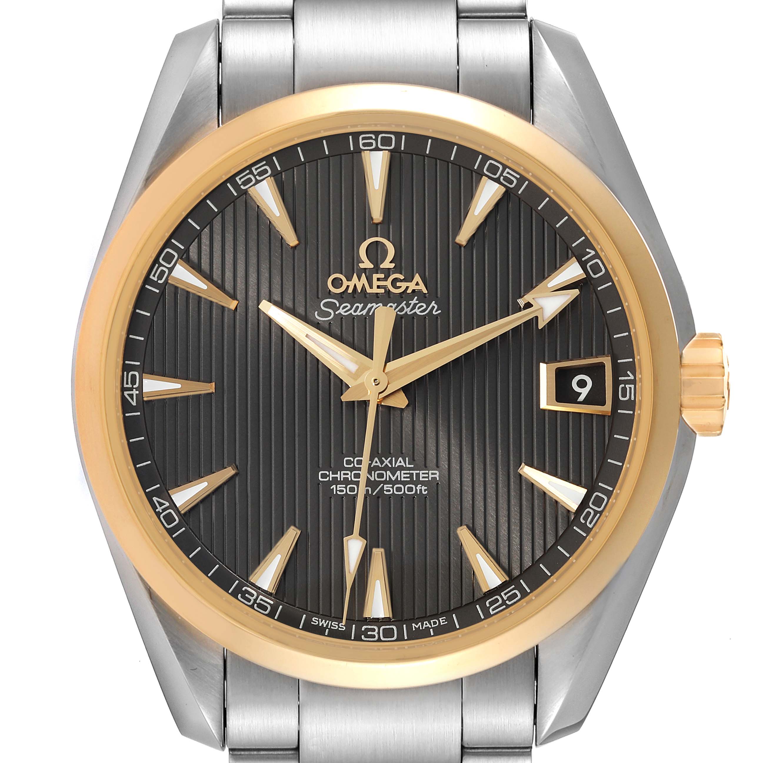 This Omega Aqua Terra 231.20.39.21.06.004 Men's Stainless Steel Grey Dial 231.20.39.21.06.004 Men's Stainless Steel Grey Dial watch is shown from a front angle, displaying its dial, bezel, hands, date window, and part of the bracelet.