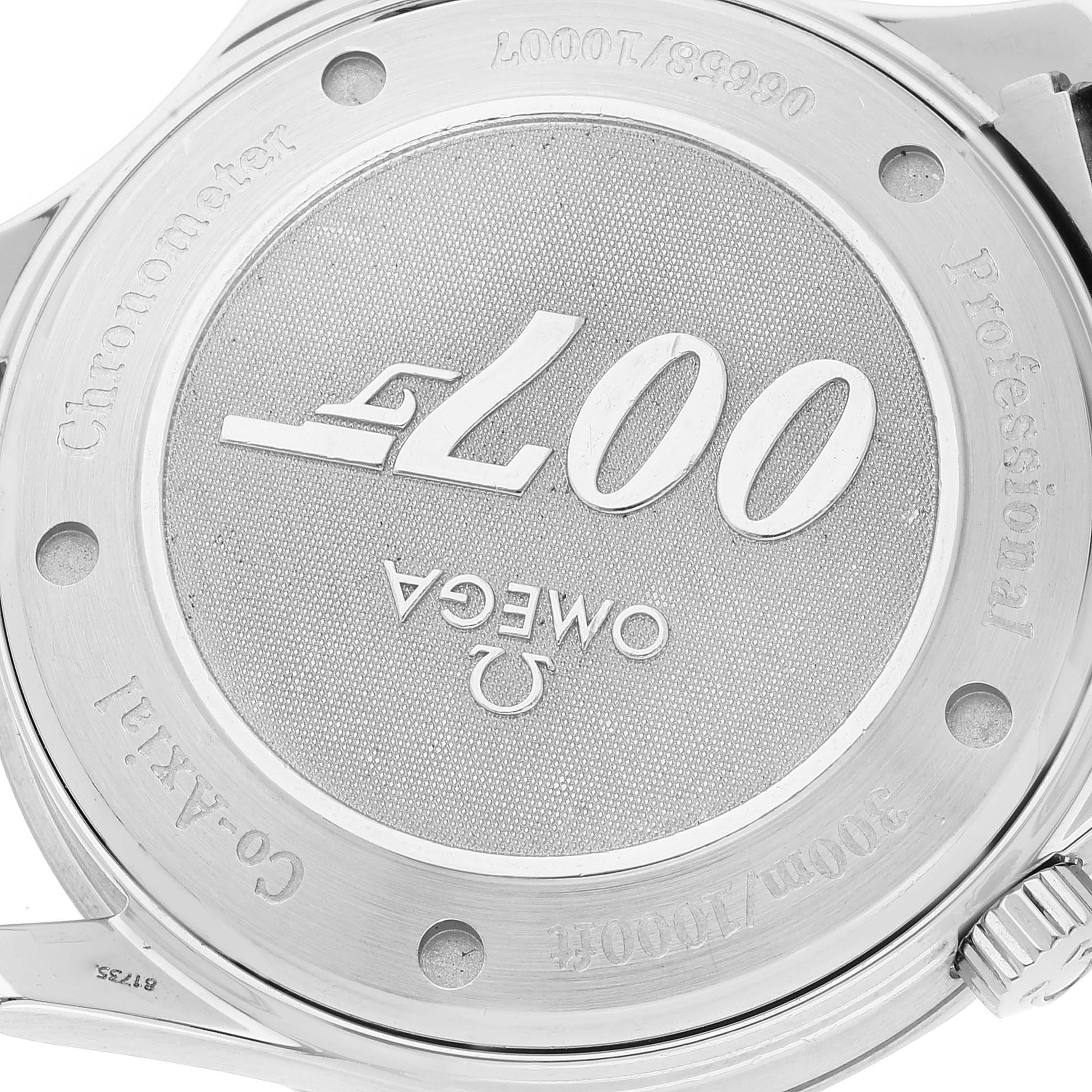 The image shows the back case of an Omega Seamaster 2226.80.00 Men's Stainless Steel Blue Dial 2226.80.00 Men's Stainless Steel Blue Dial watch, specifically the model with "007" engraving.