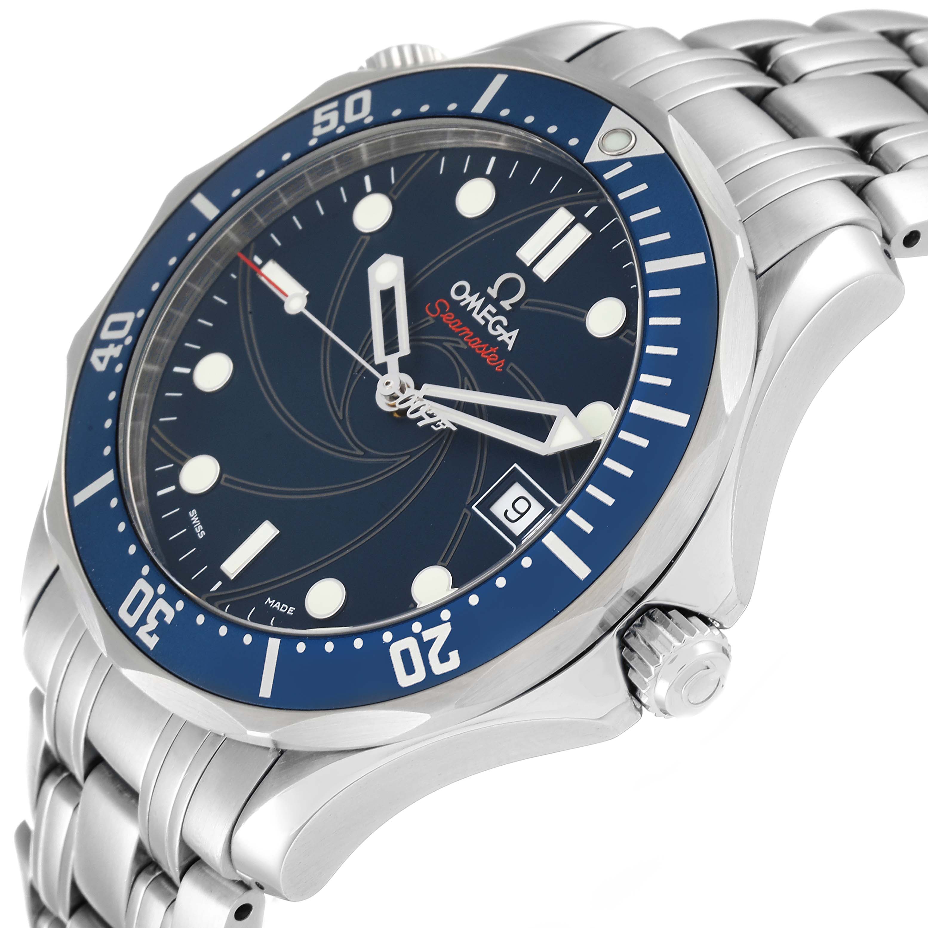 The image shows a close-up, angled view of the Omega Seamaster 2226.80.00 Men's Stainless Steel Blue Dial 2226.80.00 Men's Stainless Steel Blue Dial watch, highlighting the dial, bezel, case, and part of the bracelet.