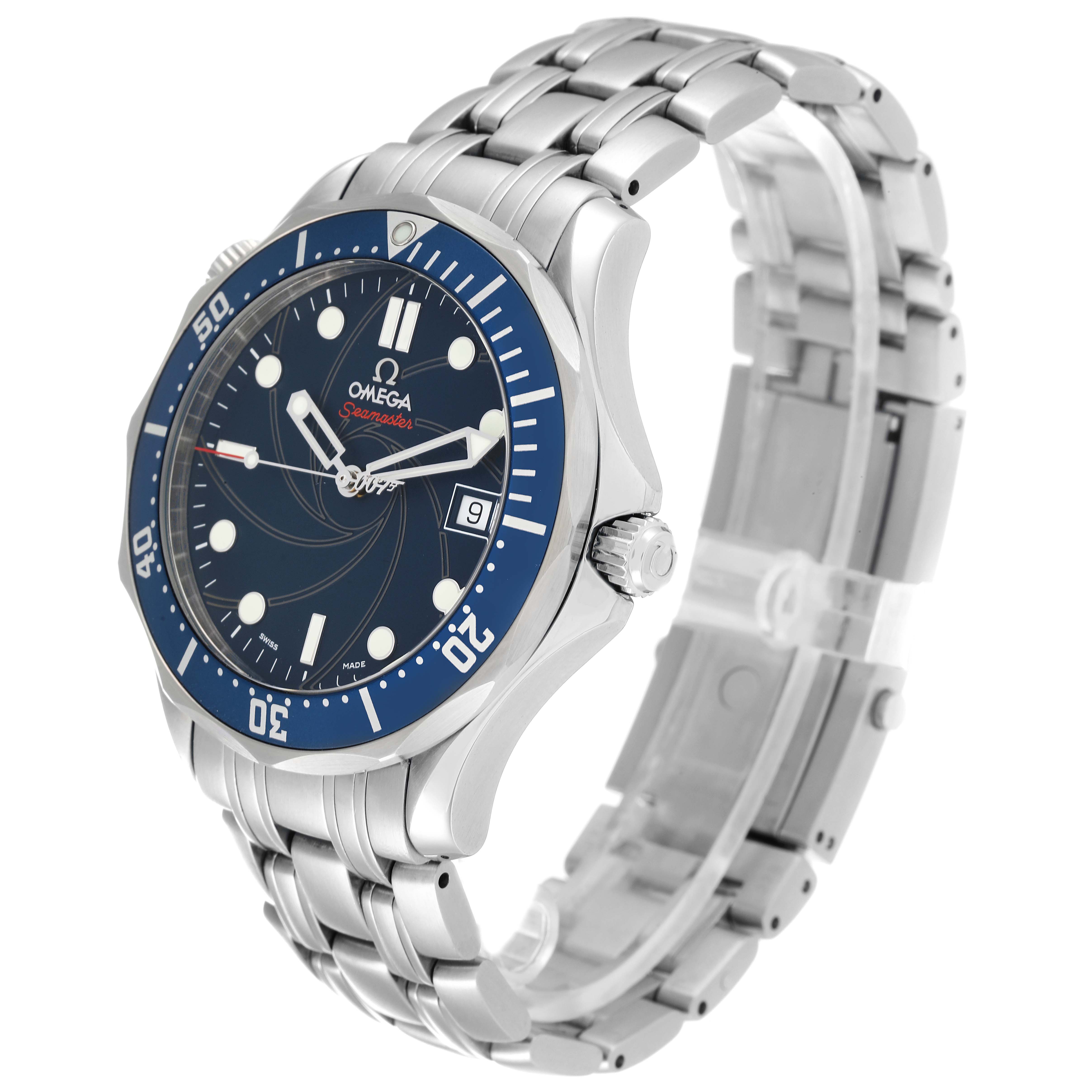 The Omega Seamaster 2226.80.00 Men's Stainless Steel Blue Dial 2226.80.00 Men's Stainless Steel Blue Dial watch is shown at a three-quarter angle, displaying the bezel, dial, crown, and bracelet.