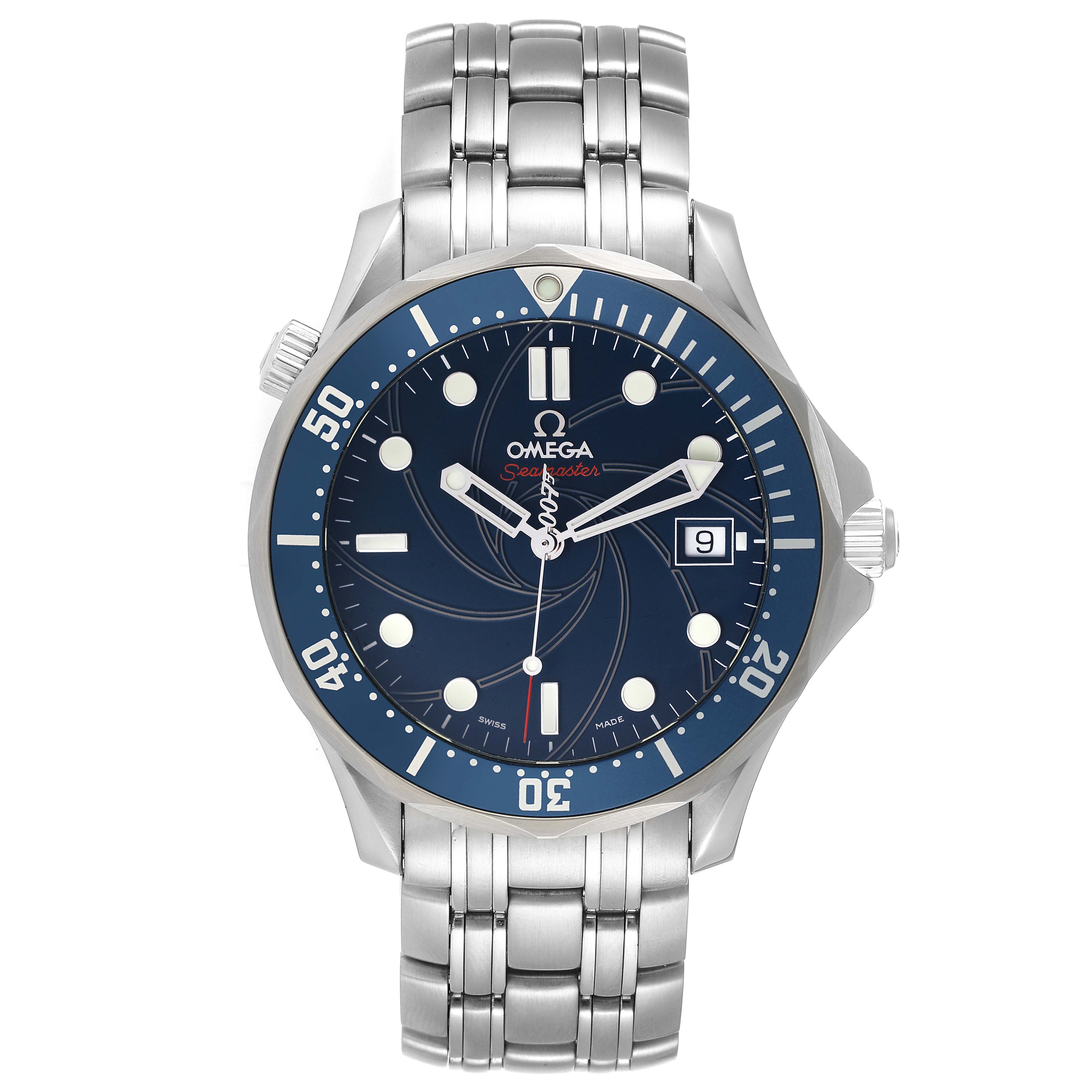 The Omega Seamaster 2226.80.00 Men's Stainless Steel Blue Dial 2226.80.00 Men's Stainless Steel Blue Dial watch is shown from the front, displaying the face, bezel, crown, and part of the metal bracelet.