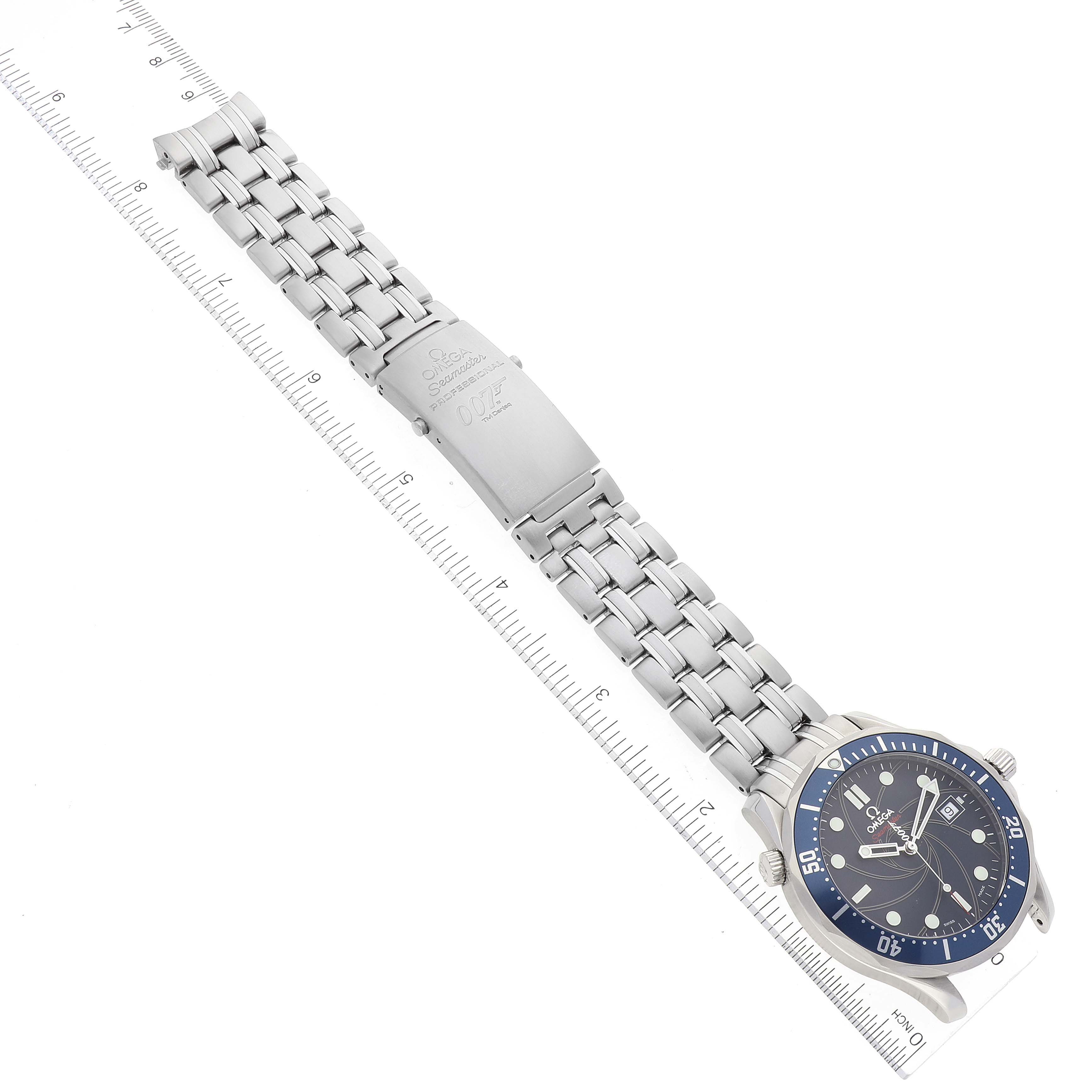 The image shows an Omega Seamaster 2226.80.00 Men's Stainless Steel Blue Dial 2226.80.00 Men's Stainless Steel Blue Dial watch and its stainless steel bracelet, laid flat and measured with a ruler.