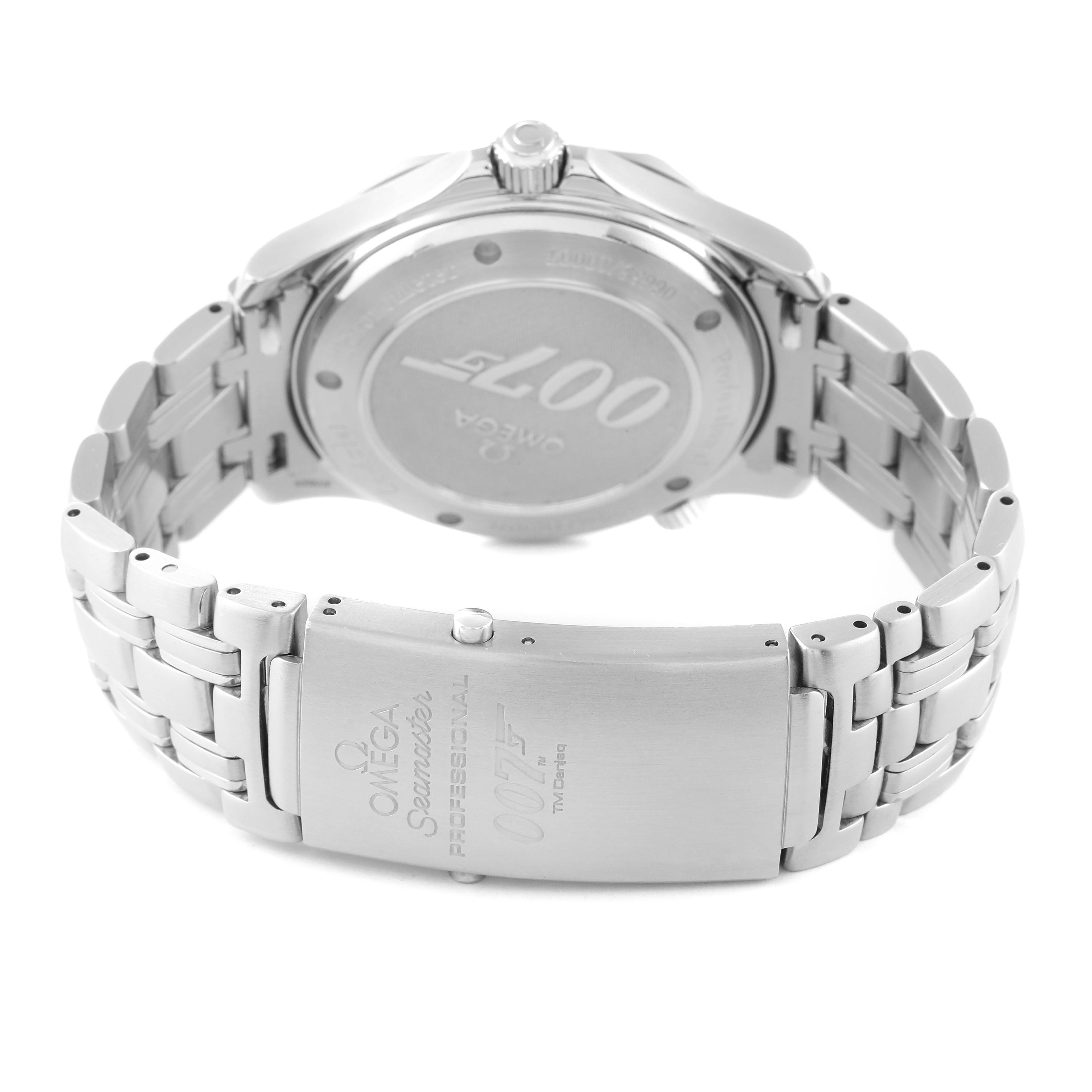 The image shows the back view of the Omega Seamaster 2226.80.00 Men's Stainless Steel Blue Dial 2226.80.00 Men's Stainless Steel Blue Dial watch, featuring its closed clasp and caseback.