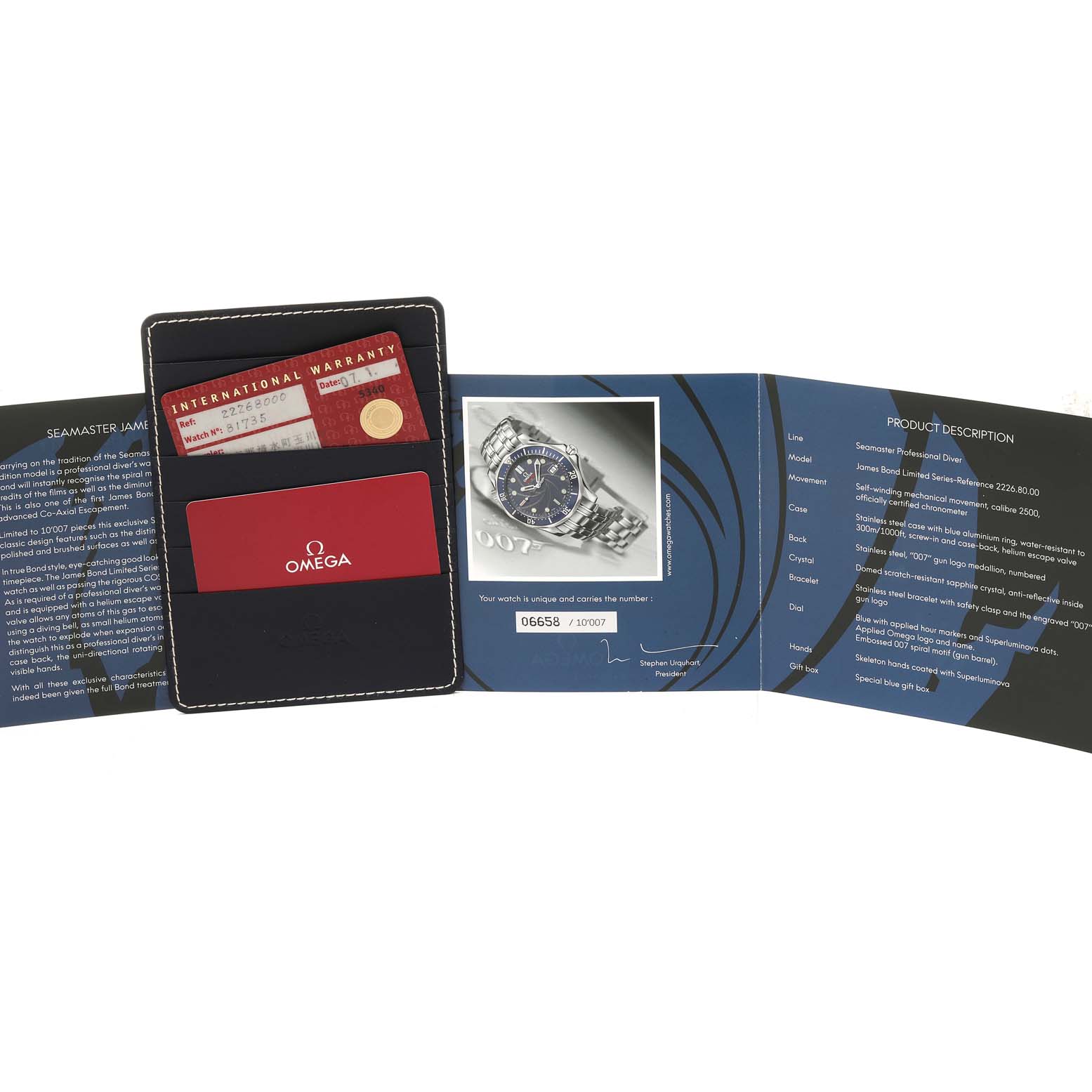 The image displays the Omega Seamaster 2226.80.00 Men's Stainless Steel Blue Dial 2226.80.00 Men's Stainless Steel Blue Dial watch from a three-quarter angle, along with warranty cards and a product description booklet.