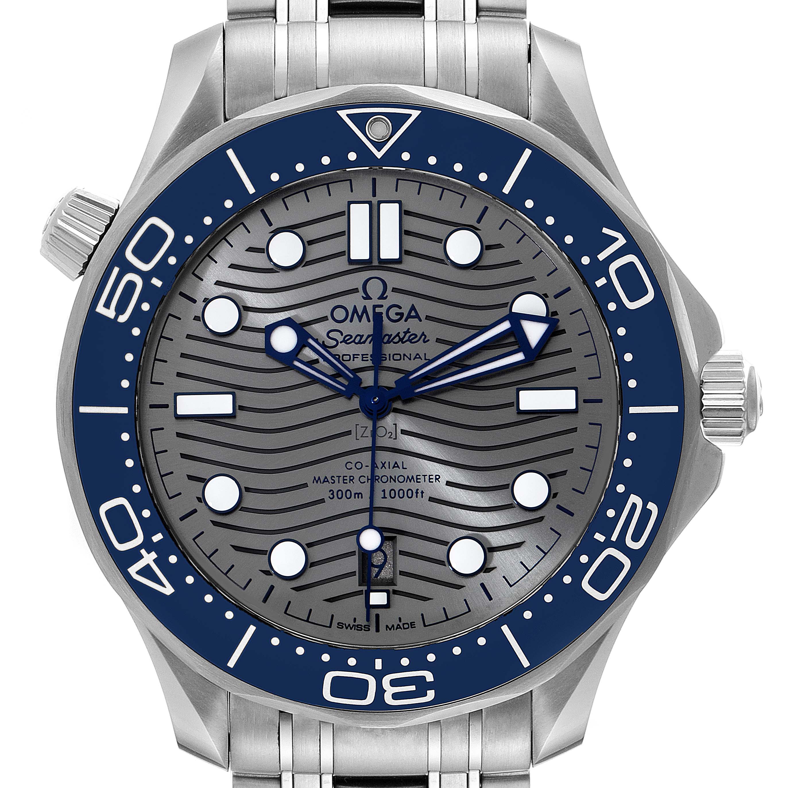 The Omega Seamaster 210.30.42.20.06.001 Men's Stainless Steel Grey Dial 210.30.42.20.06.001 Men's Stainless Steel Grey Dial watch is shown from a front angle, highlighting the face, bezel, hands, and part of the stainless steel bracelet.