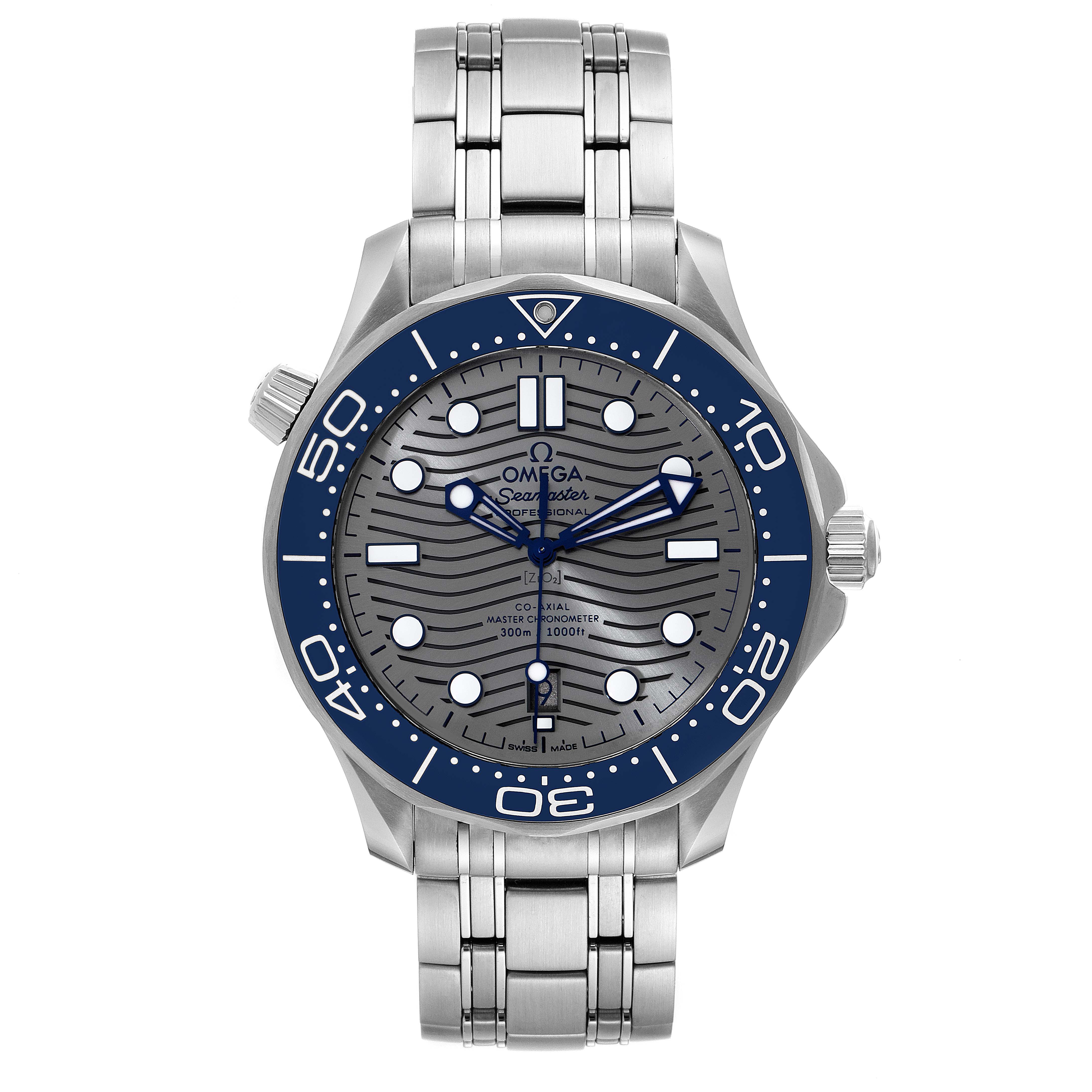 The Omega Seamaster 210.30.42.20.06.001 Men's Stainless Steel Grey Dial 210.30.42.20.06.001 Men's Stainless Steel Grey Dial watch is shown from a top-down angle, displaying its face, bezel, and metal bracelet.