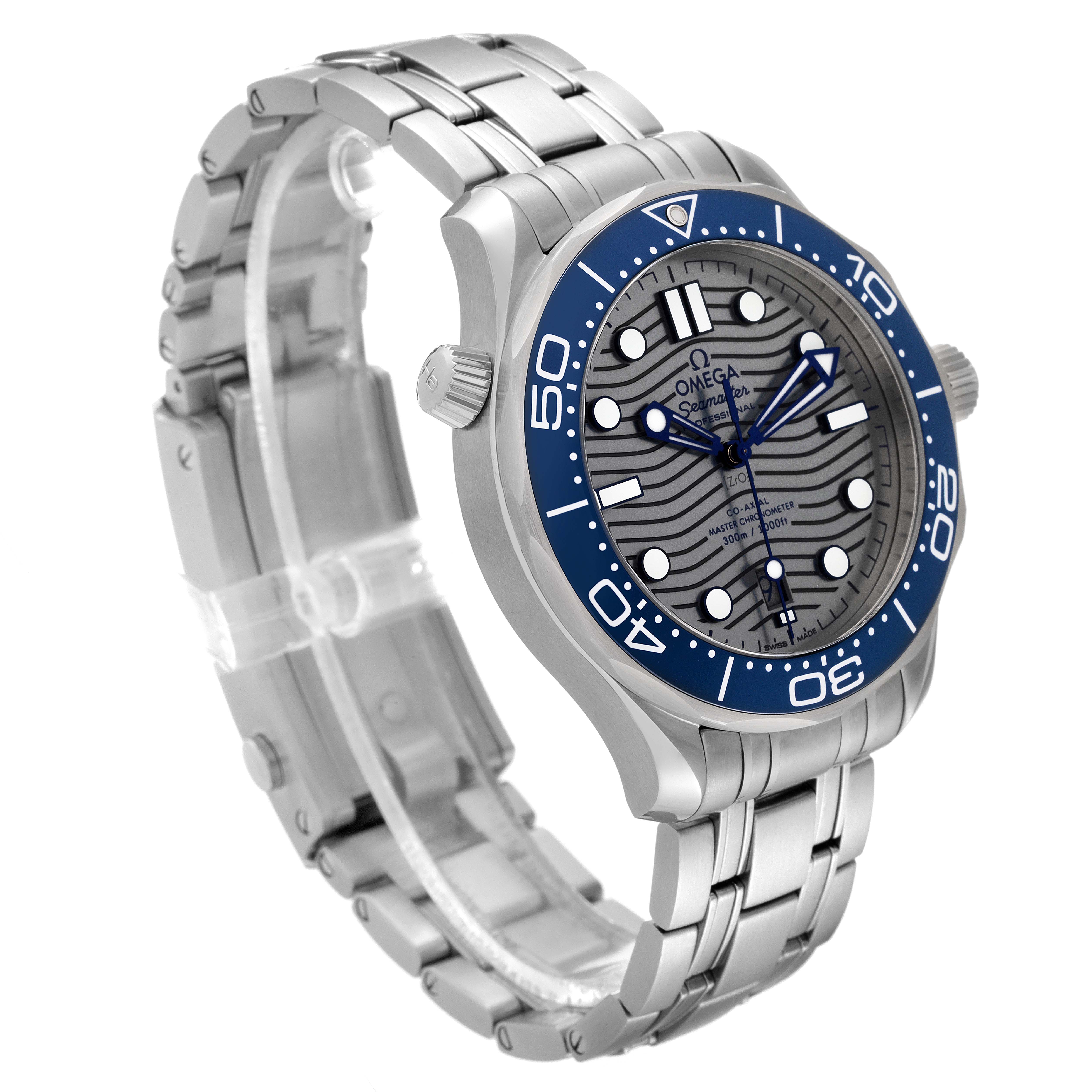 The Omega Seamaster 210.30.42.20.06.001 Men's Stainless Steel Grey Dial 210.30.42.20.06.001 Men's Stainless Steel Grey Dial watch is shown from a three-quarter angle, highlighting the face, bezel, and part of the metal bracelet.