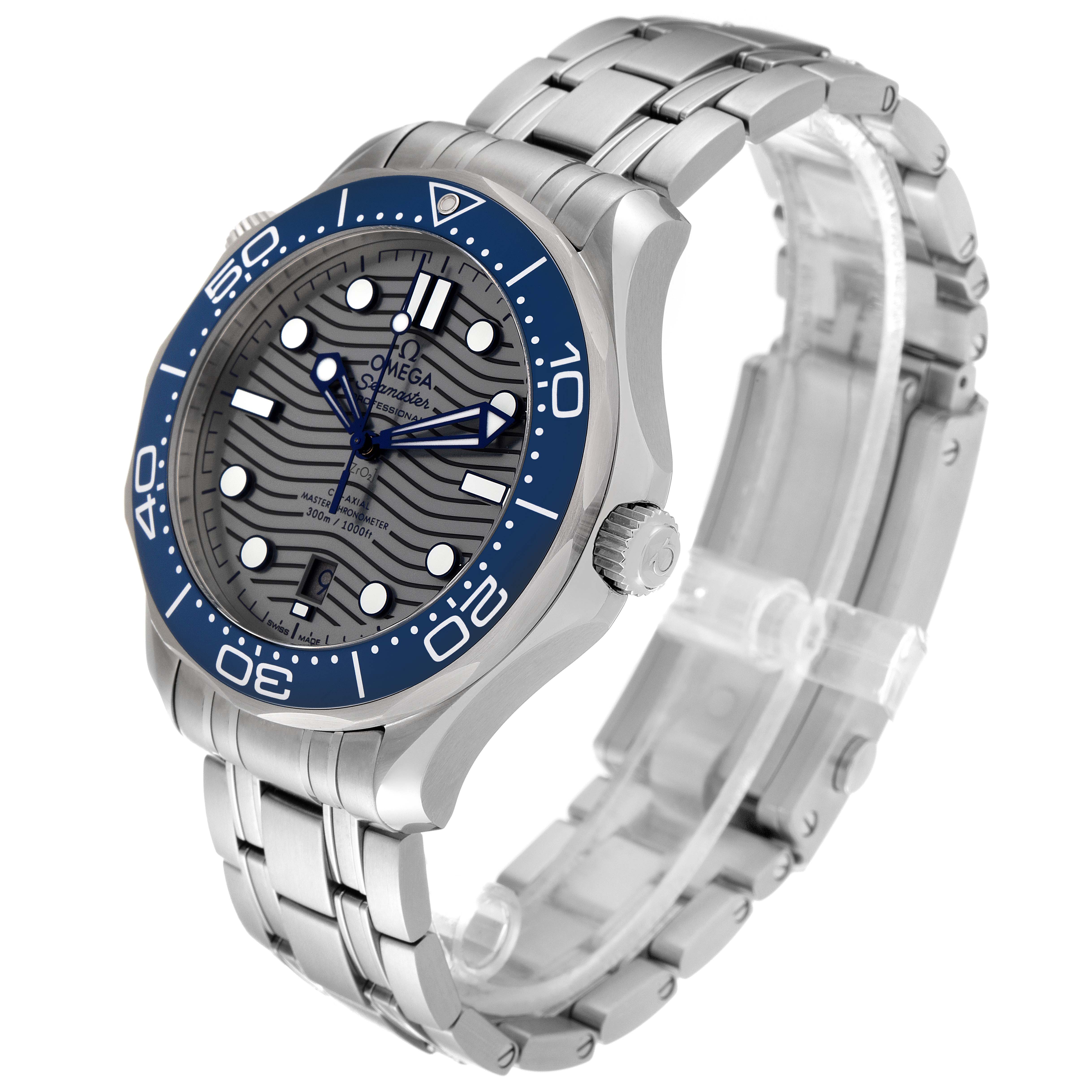 The image shows an Omega Seamaster 210.30.42.20.06.001 Men's Stainless Steel Grey Dial 210.30.42.20.06.001 Men's Stainless Steel Grey Dial watch angled to display the face, bezel, crown, and bracelet.