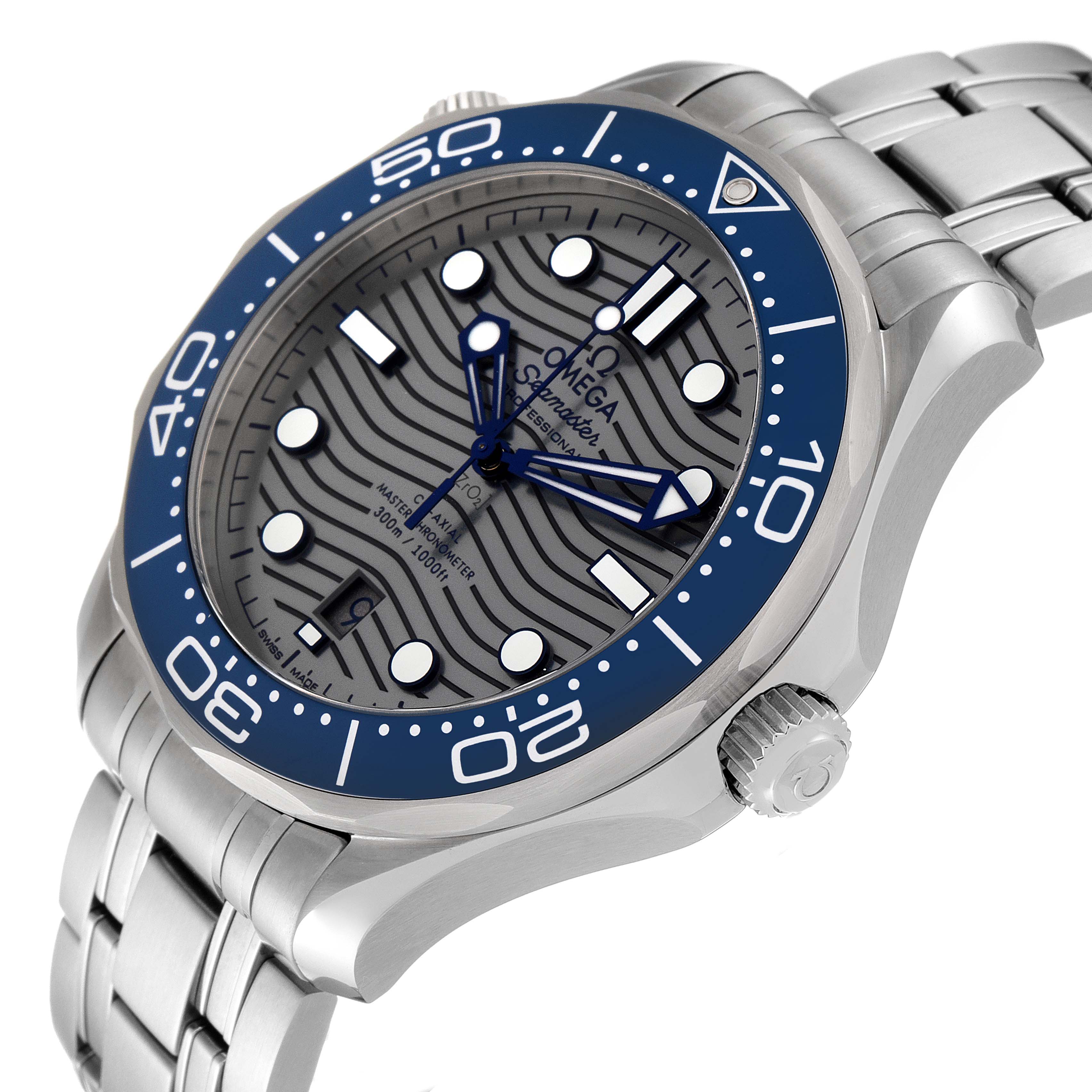 The image shows an angled view of the Omega Seamaster 210.30.42.20.06.001 Men's Stainless Steel Grey Dial 210.30.42.20.06.001 Men's Stainless Steel Grey Dial watch displaying its face, bezel, crown, and part of the bracelet.