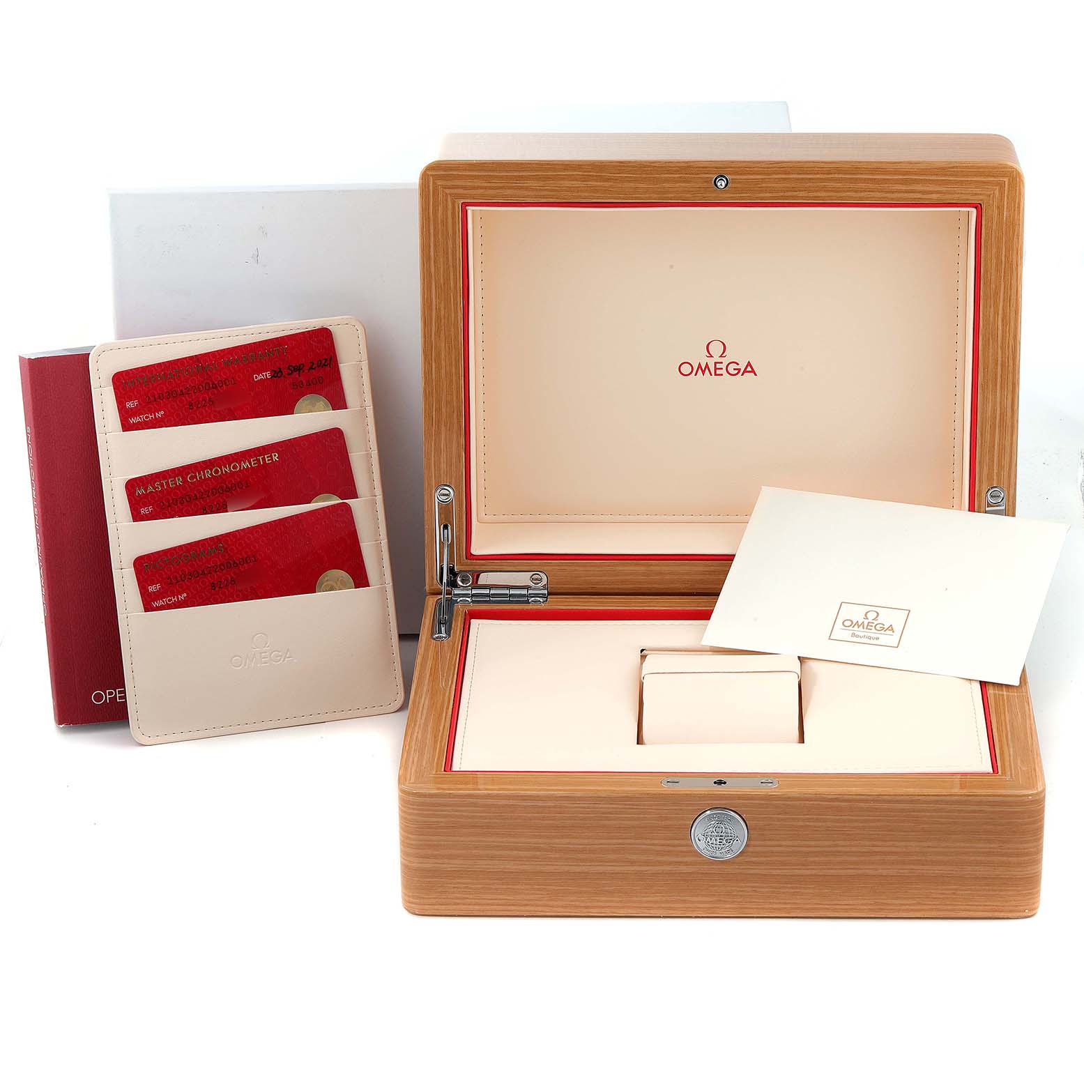 The image shows an open Omega Seamaster 210.30.42.20.06.001 Men's Stainless Steel Grey Dial 210.30.42.20.06.001 Men's Stainless Steel Grey Dial watch box, cardholder with warranty cards, and an Omega envelope.