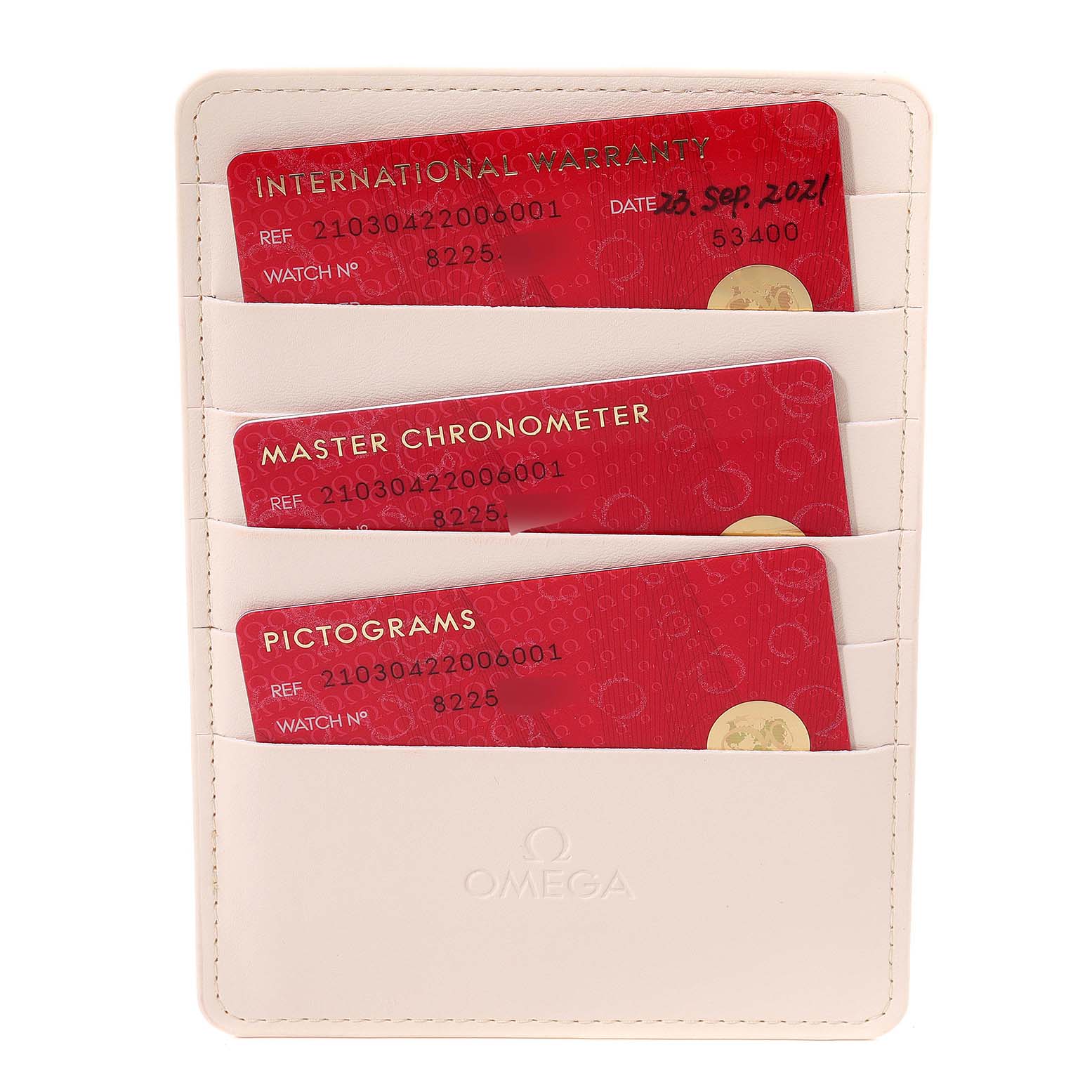 This image shows the warranty cards holder for the Omega Seamaster 210.30.42.20.06.001 Men's Stainless Steel Grey Dial 210.30.42.20.06.001 Men's Stainless Steel Grey Dial watch, featuring International Warranty, Master Chronometer, and Pictograms cards.