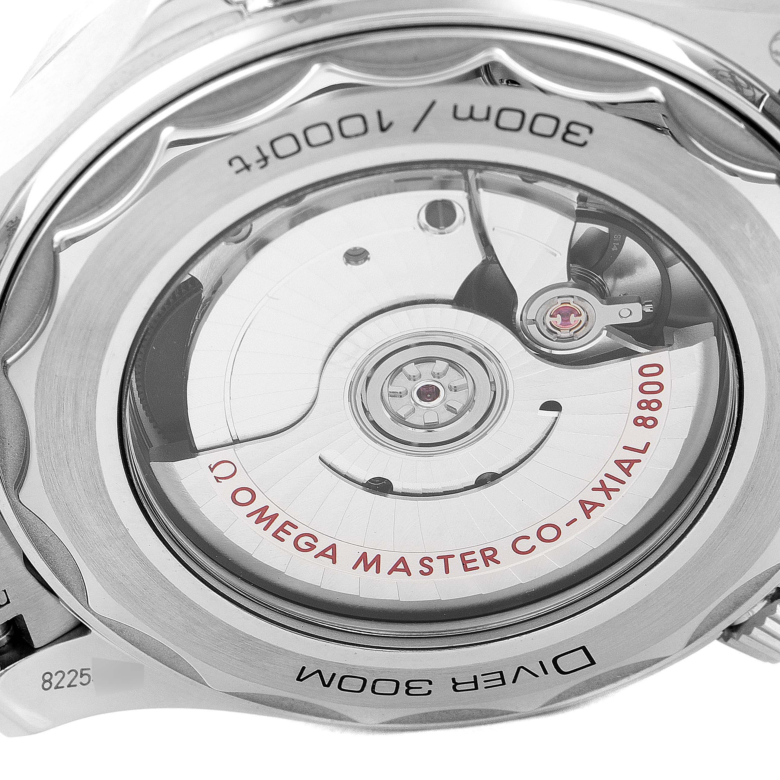 This is a close-up view of the back of an Omega Seamaster 210.30.42.20.06.001 Men's Stainless Steel Grey Dial 210.30.42.20.06.001 Men's Stainless Steel Grey Dial watch, showing the Omega Master Co-Axial 8800 movement.