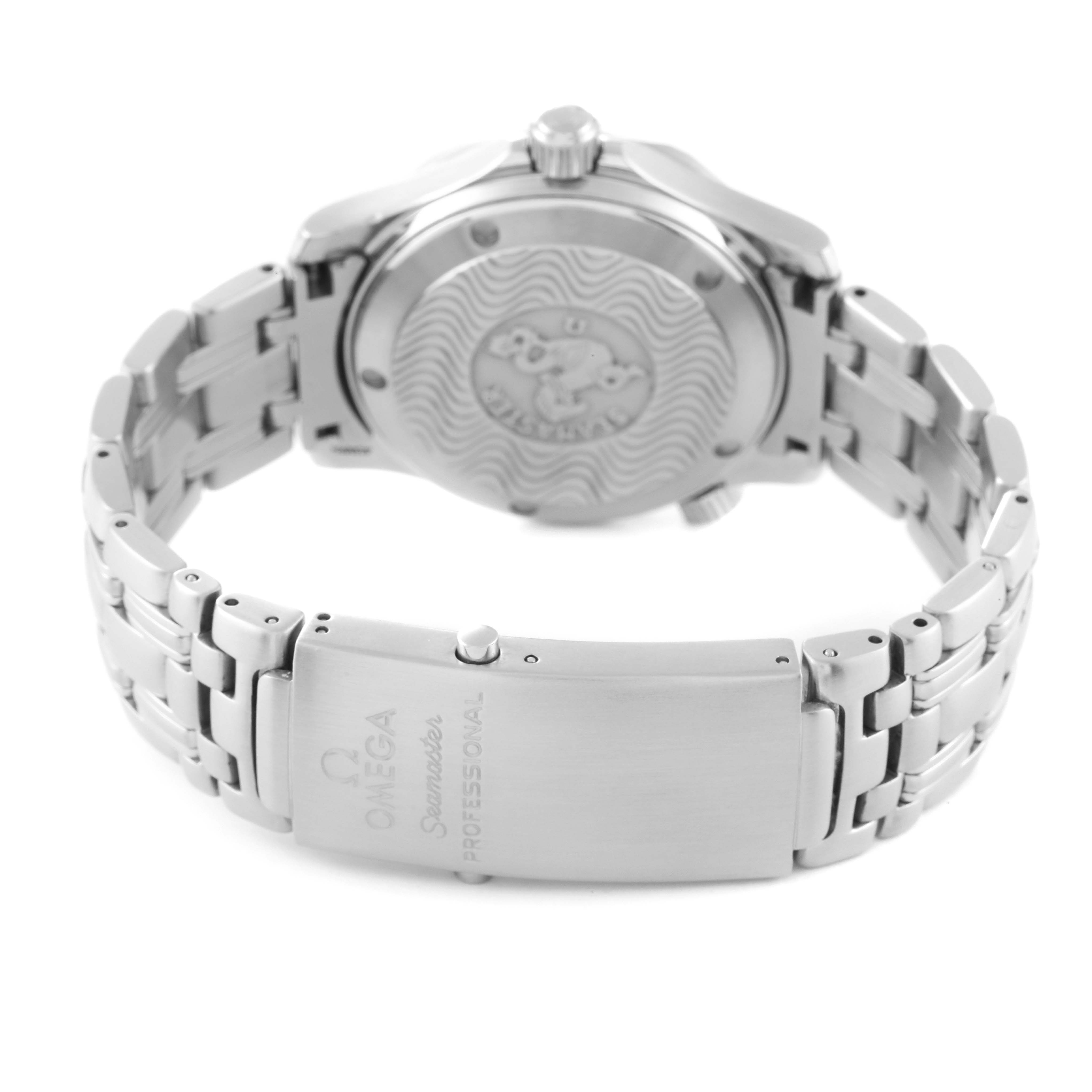 The image shows the back and bracelet of the Omega Seamaster 2551.80.00 Men's Stainless Steel Blue Dial 2551.80.00 Men's Stainless Steel Blue Dial watch, highlighting the clasp and engraved case back.