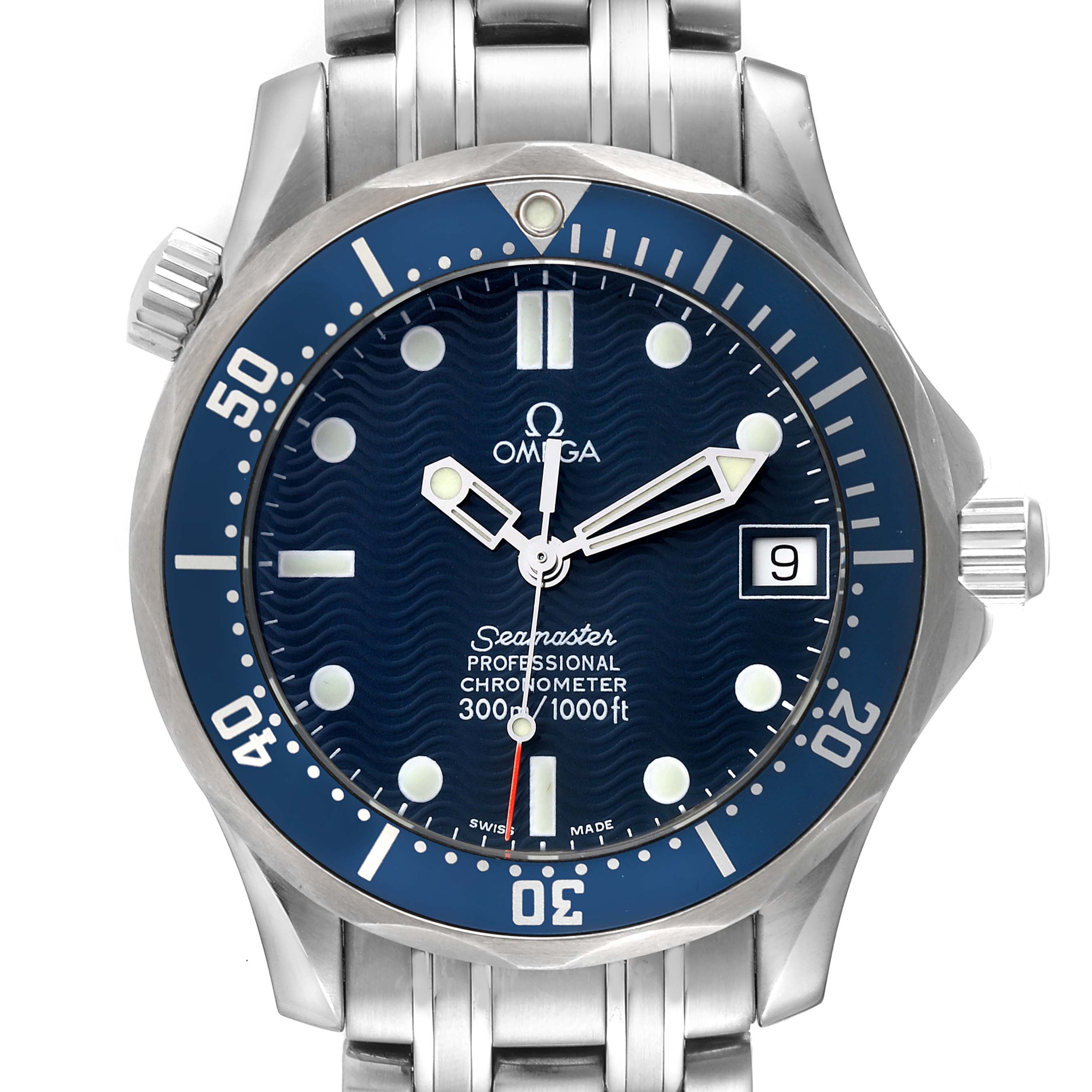 The image shows a front angle of the Omega Seamaster 2551.80.00 Men's Stainless Steel Blue Dial 2551.80.00 Men's Stainless Steel Blue Dial watch, highlighting its blue dial, hands, markers, bezel, and stainless steel bracelet.