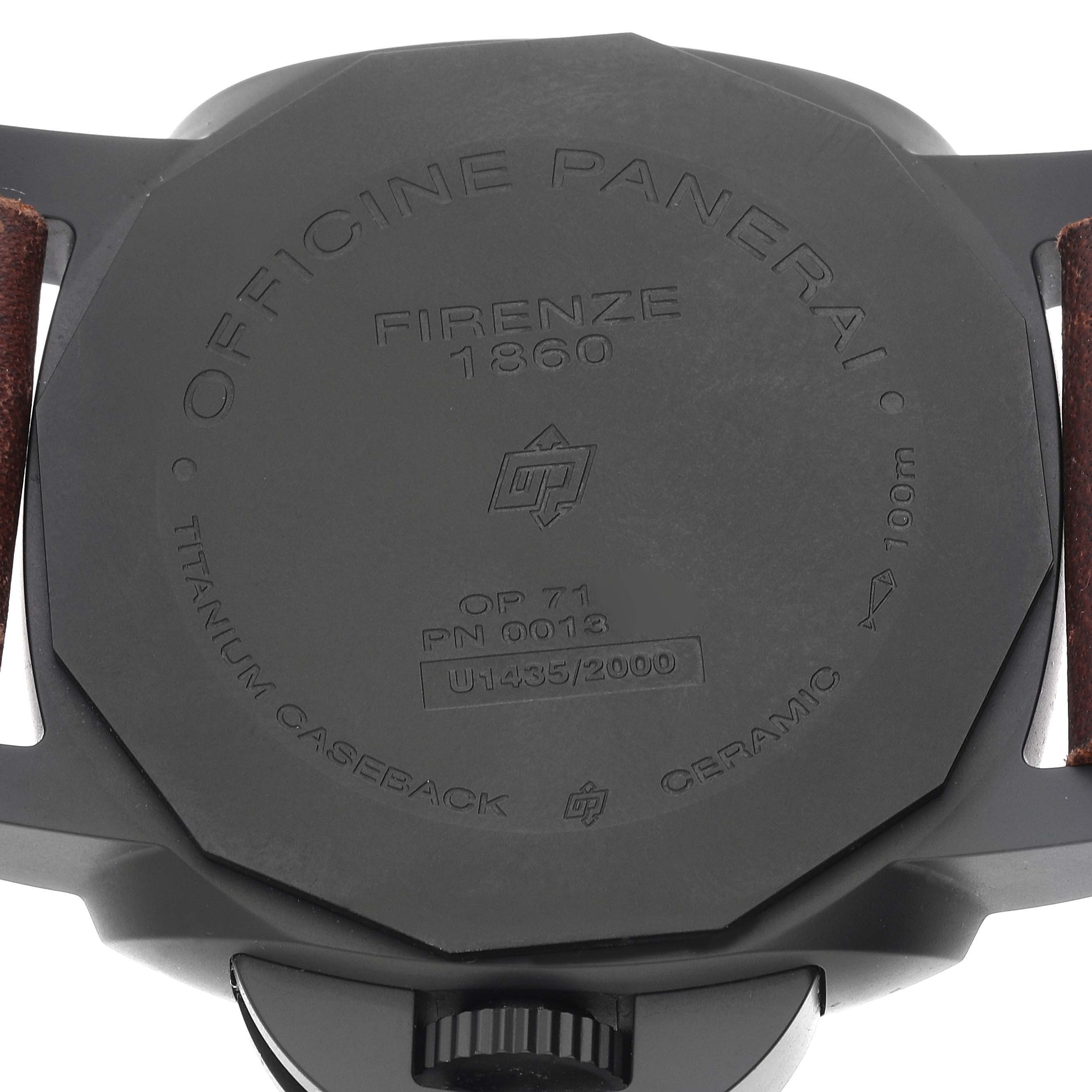 The image shows the case back of a Panerai Luminor PAM01441 Men's Ceramic Black Dial PAM01441 Men's Ceramic Black Dial watch, highlighting the model details and material composition.