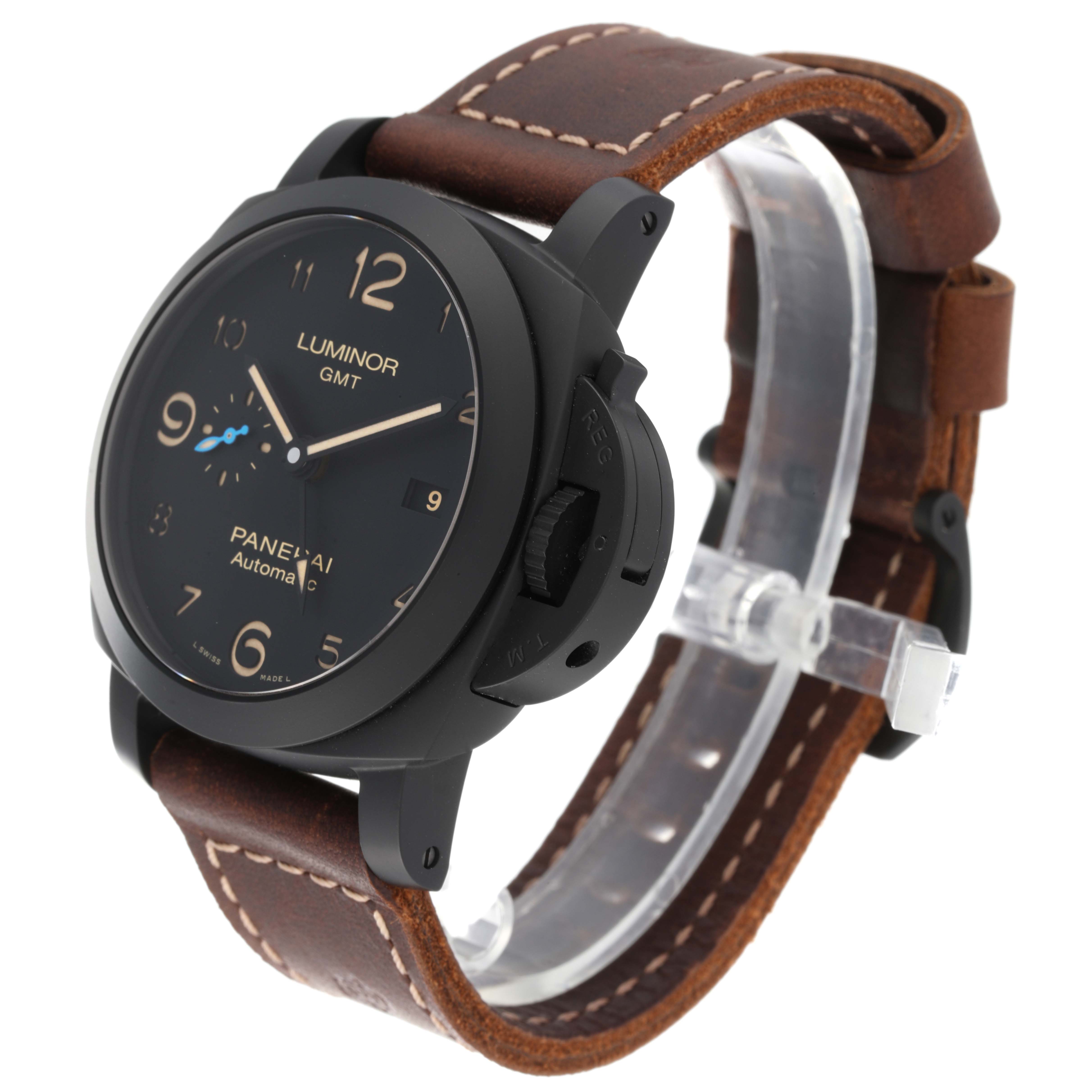 The Panerai Luminor PAM01441 Men's Ceramic Black Dial PAM01441 Men's Ceramic Black Dial GMT watch is displayed at a slight angle, showing its face, bezel, crown guard, and leather strap.