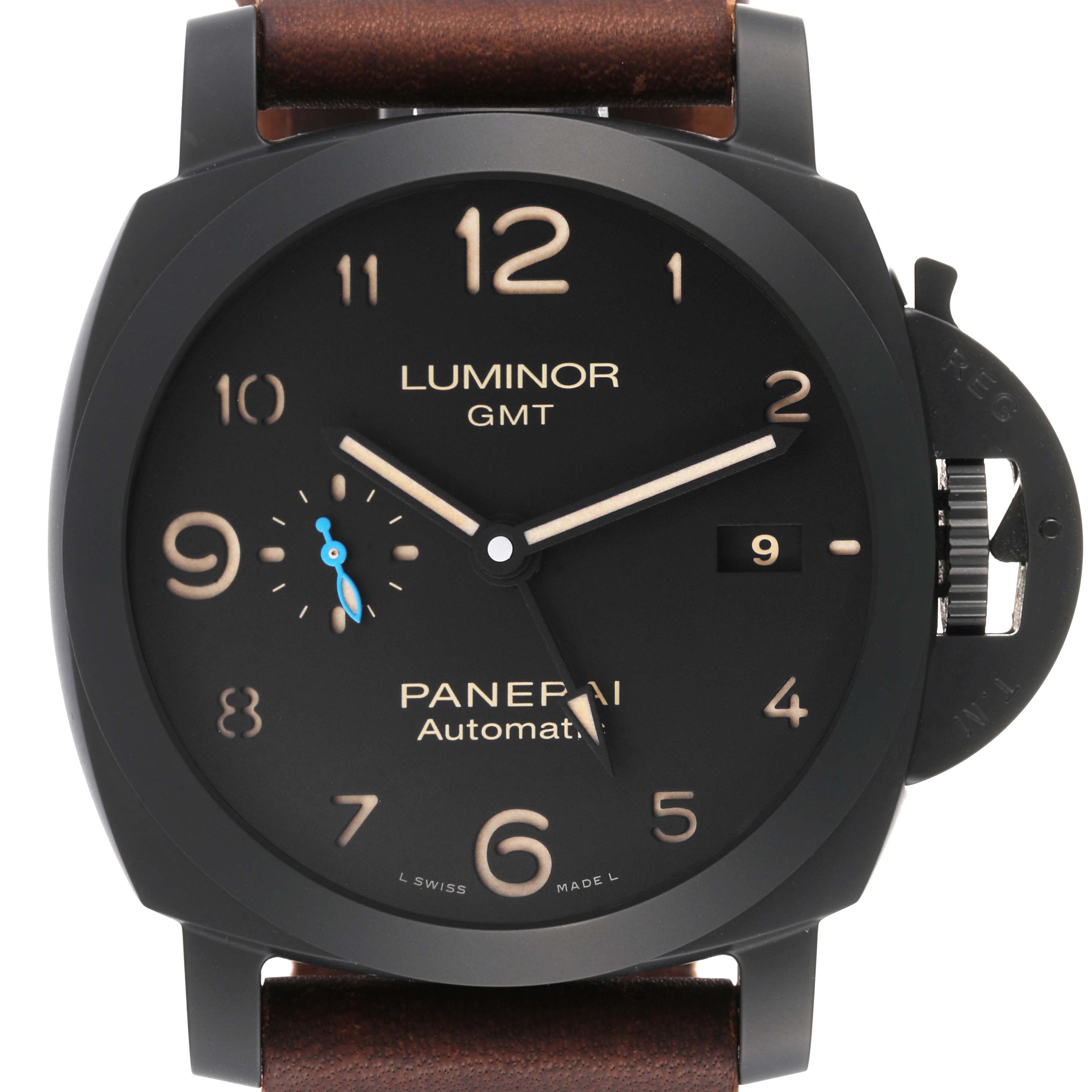This image shows a front view of a Panerai Luminor PAM01441 Men's Ceramic Black Dial PAM01441 Men's Ceramic Black Dial GMT watch, highlighting its dial, hands, and crown guard.