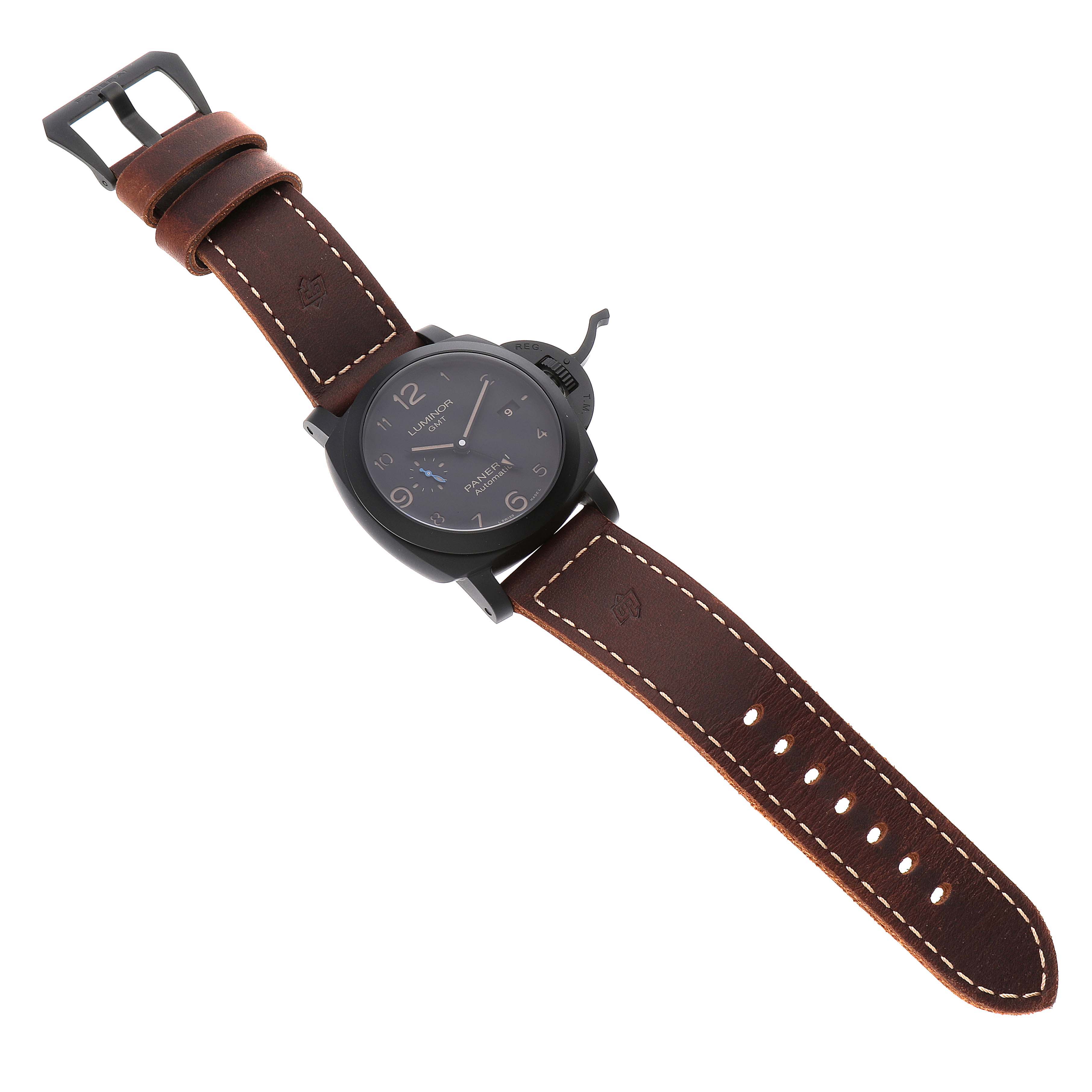 This Panerai Luminor PAM01441 Men's Ceramic Black Dial PAM01441 Men's Ceramic Black Dial watch is shown from a top-down angle, displaying its face, case, and brown leather strap.