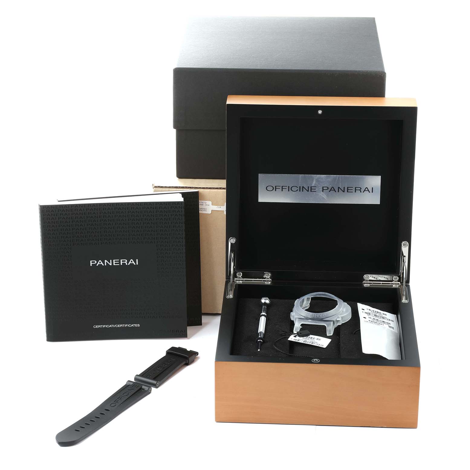 The image shows a Panerai Luminor PAM01441 Men's Ceramic Black Dial PAM01441 Men's Ceramic Black Dial watch kit including the box, strap, case, screwdriver, and documentation.