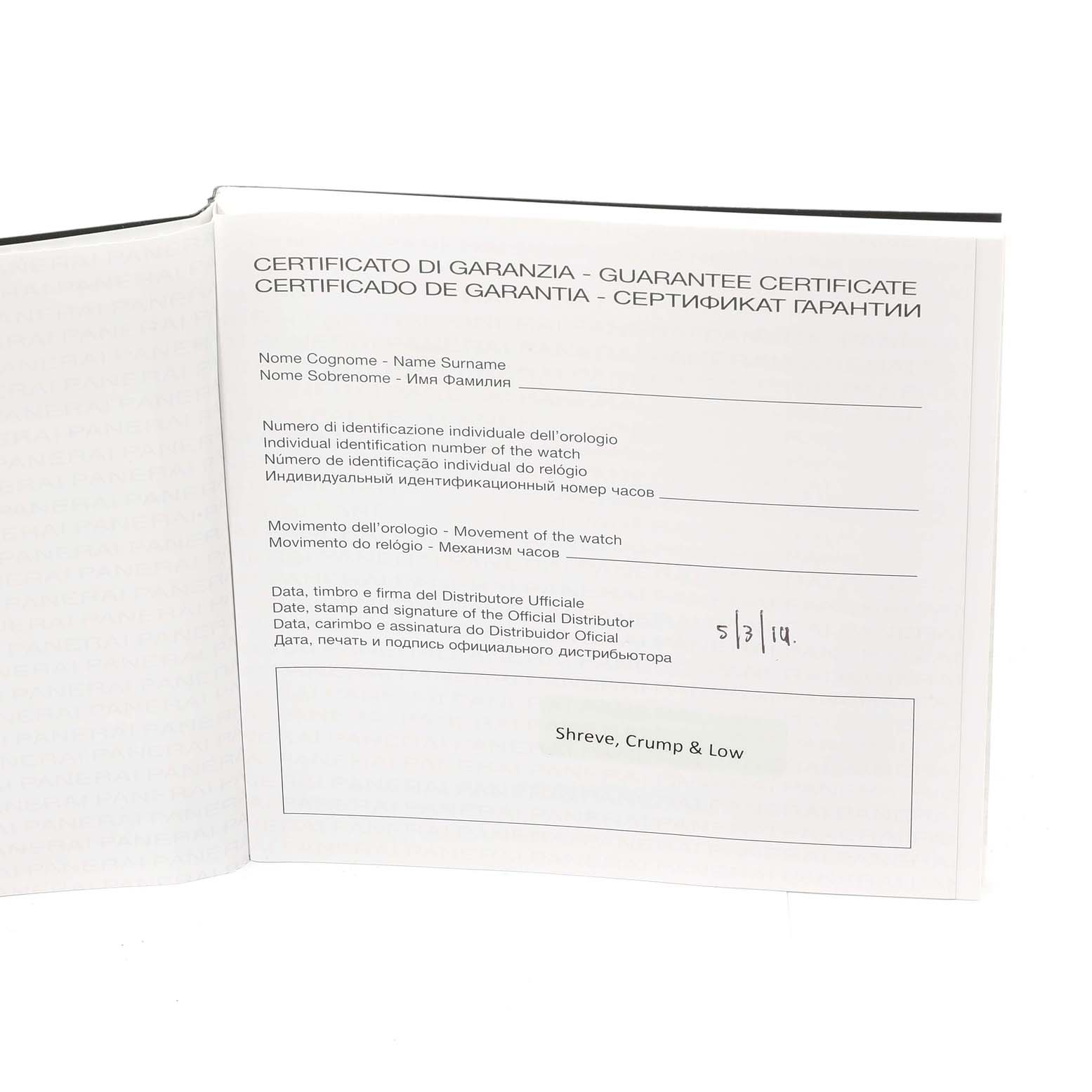 This image shows the guarantee certificate for a Panerai Luminor PAM01441 Men's Ceramic Black Dial PAM01441 Men's Ceramic Black Dial watch, featuring multiple languages.