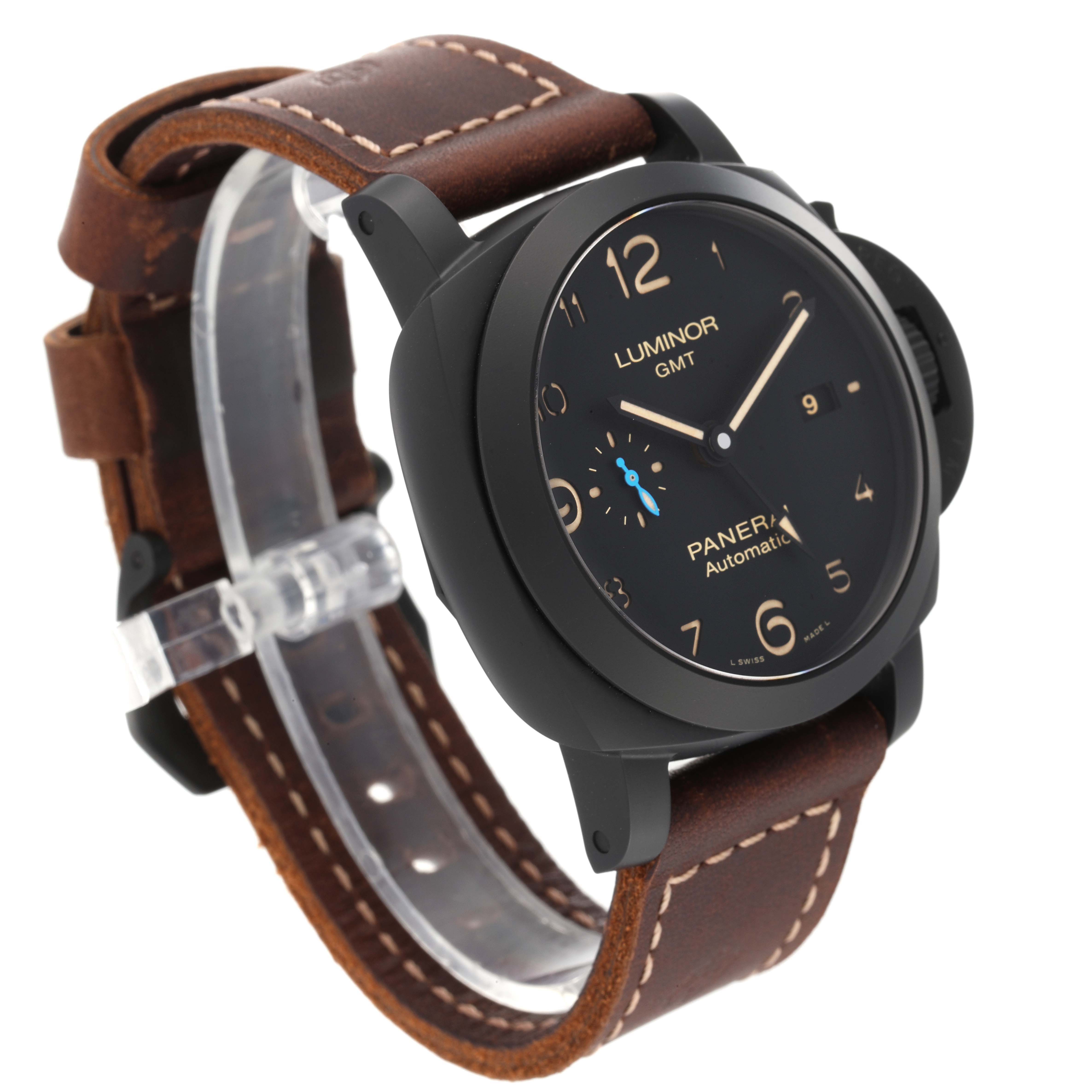 The image shows a Panerai Luminor PAM01441 Men's Ceramic Black Dial PAM01441 Men's Ceramic Black Dial GMT watch at a slight angle, highlighting its black dial, brown leather strap, and crown guard.