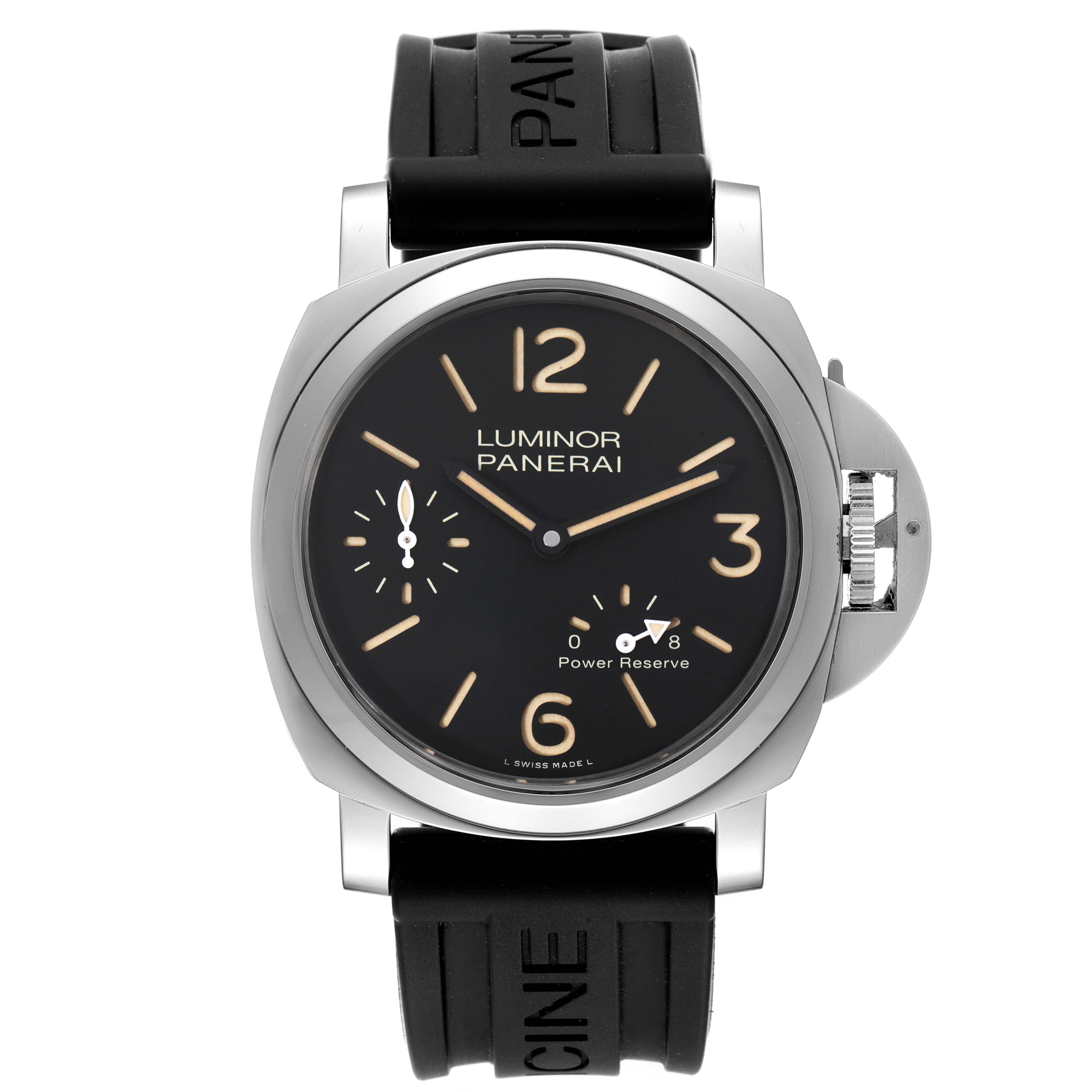 The Panerai Luminor PAM00795 Men
s Stainless Steel Black Dial PAM00795 Men
s Stainless Steel Black Dial watch is shown from a front view, highlighting its dial, bezel, and rubber strap.