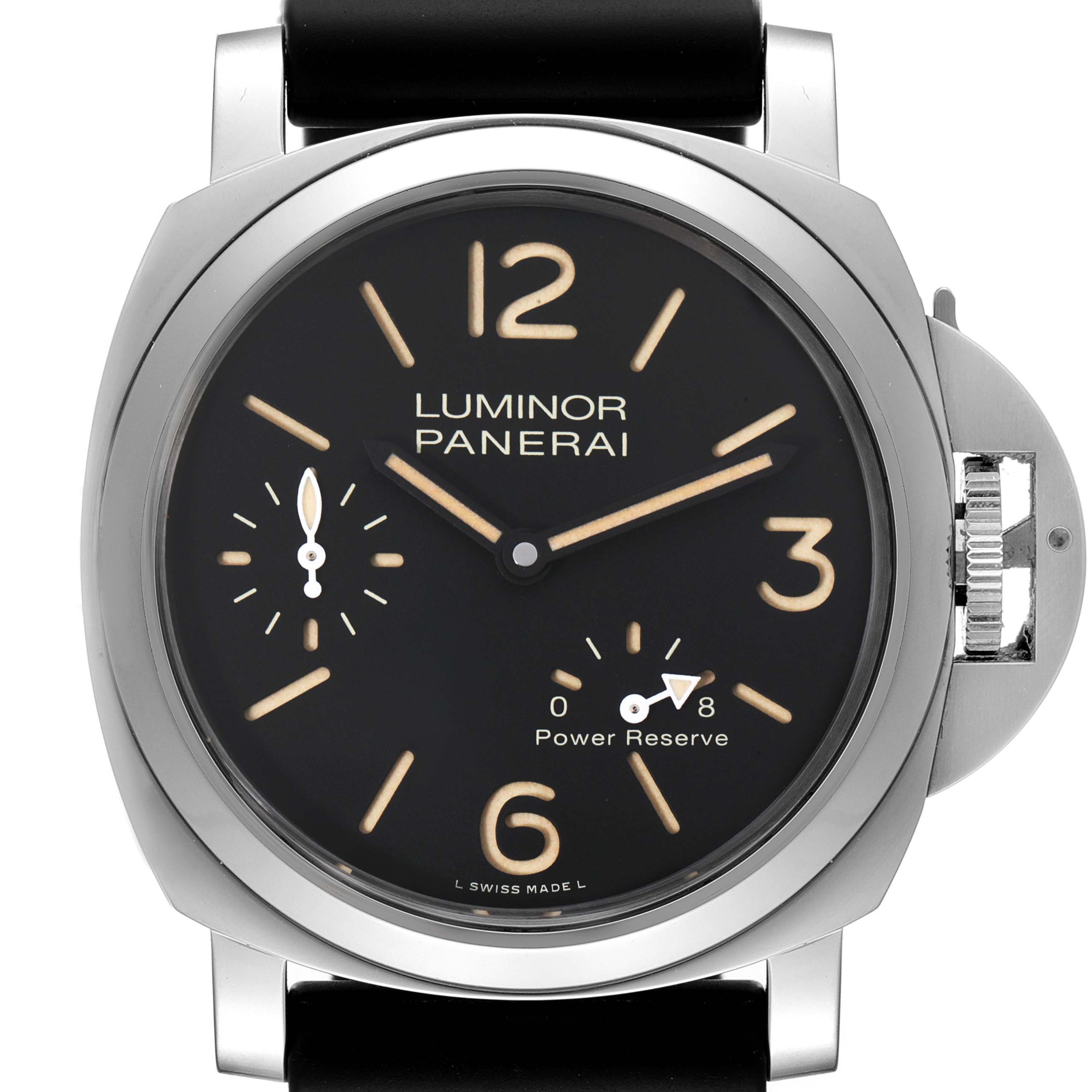 The image shows a front view of the Panerai Luminor PAM00795 Men
s Stainless Steel Black Dial PAM00795 Men
s Stainless Steel Black Dial watch, highlighting its dial, hands, and crown guard.