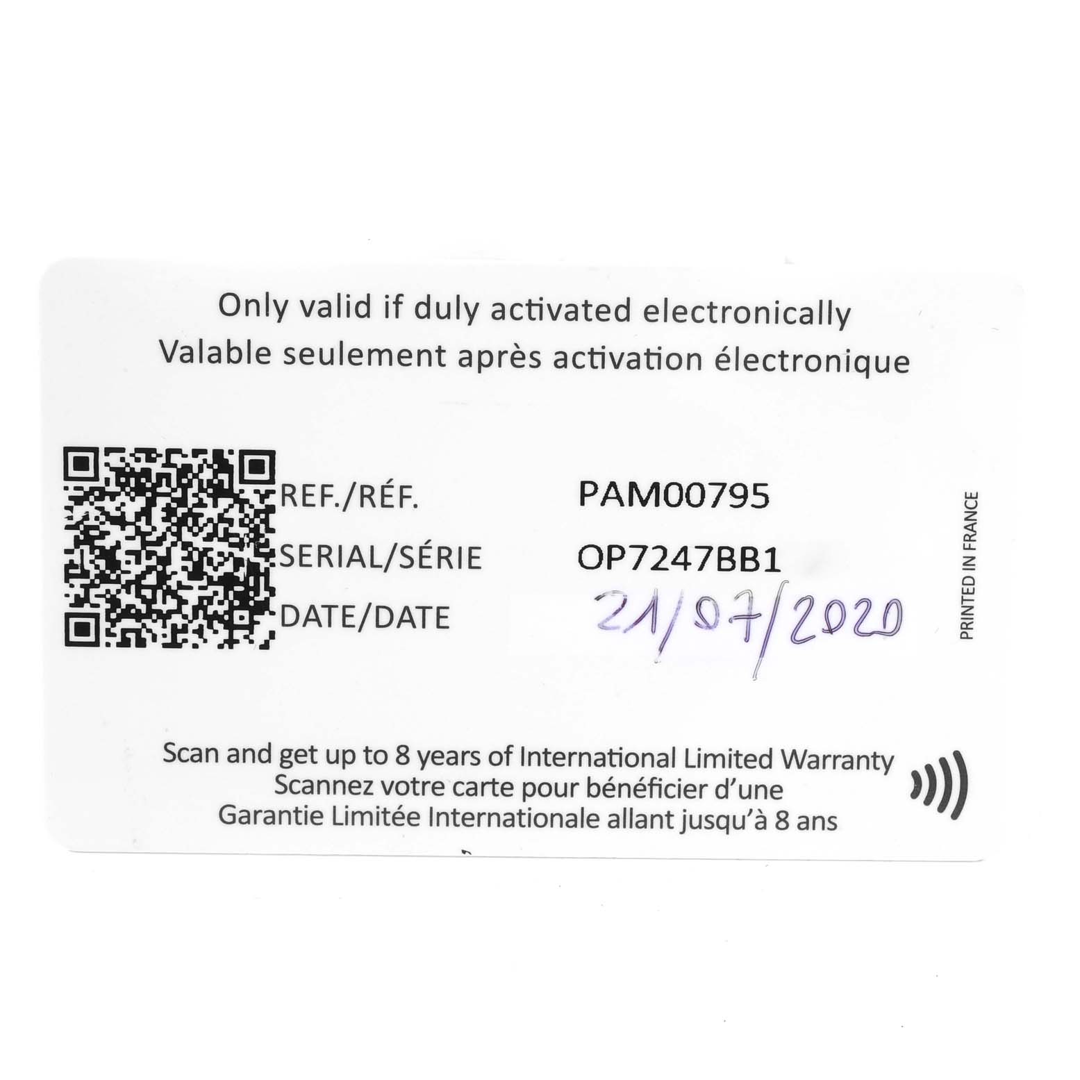 This image shows a warranty card for the Panerai Luminor PAM00795 Men
s Stainless Steel Black Dial PAM00795 Men
s Stainless Steel Black Dial model PAM00795 with relevant details and activation instructions.