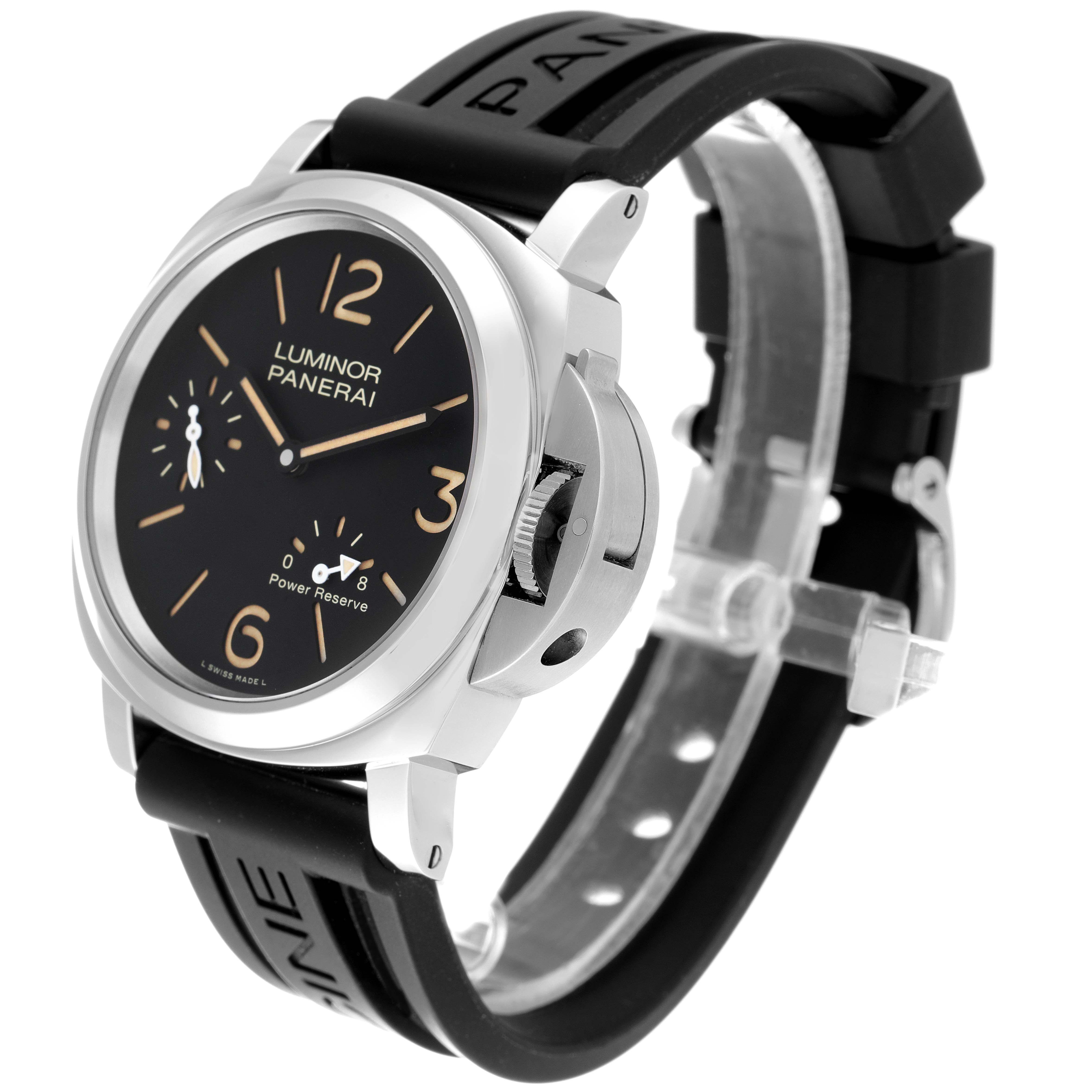 This image shows a Panerai Luminor PAM00795 Men
s Stainless Steel Black Dial PAM00795 Men
s Stainless Steel Black Dial watch from a three-quarter angle, highlighting its face, crown guard, and black rubber strap.