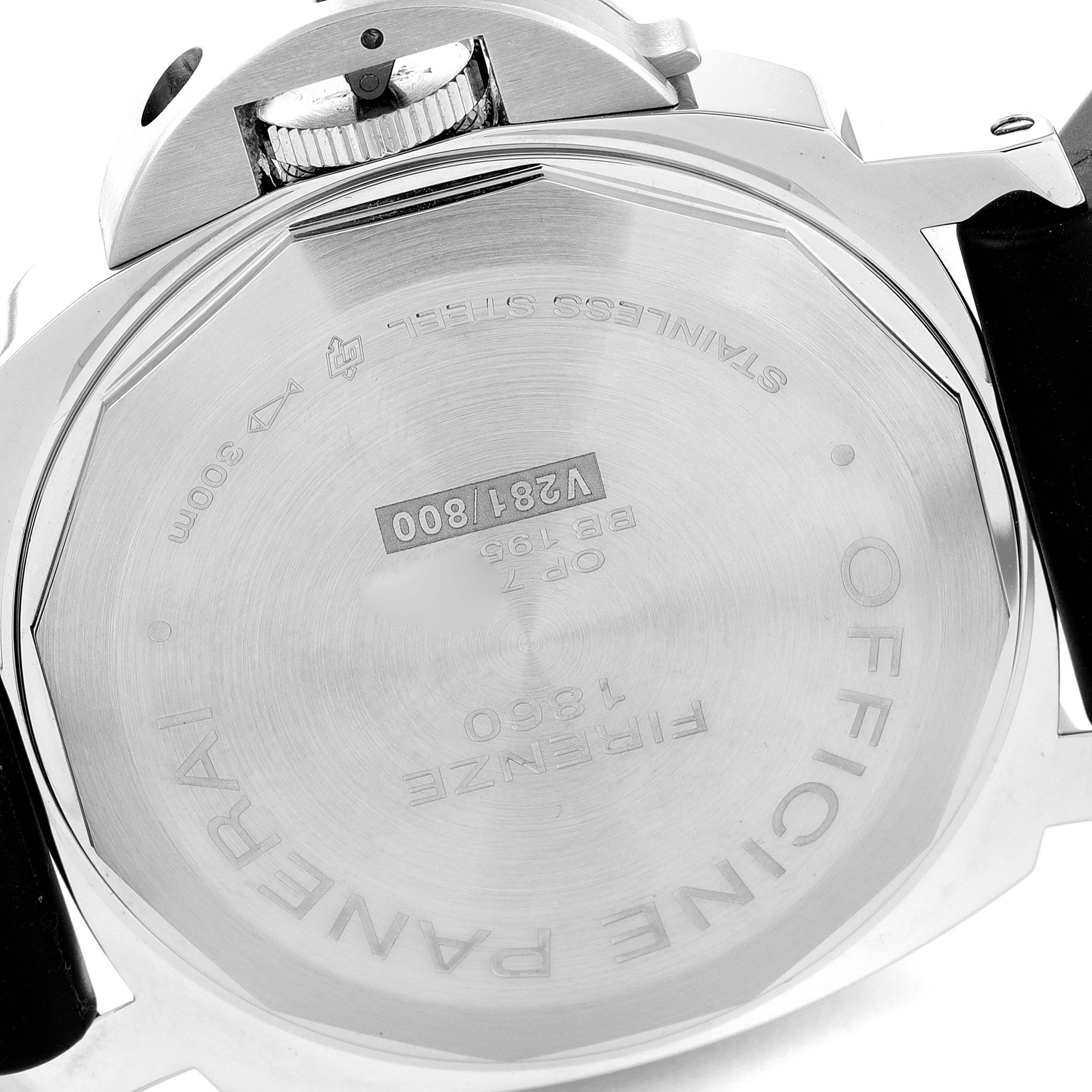 This image shows the case back and crown guard of a Panerai Luminor PAM00795 Men
s Stainless Steel Black Dial PAM00795 Men
s Stainless Steel Black Dial watch, highlighting its engravings and materials.