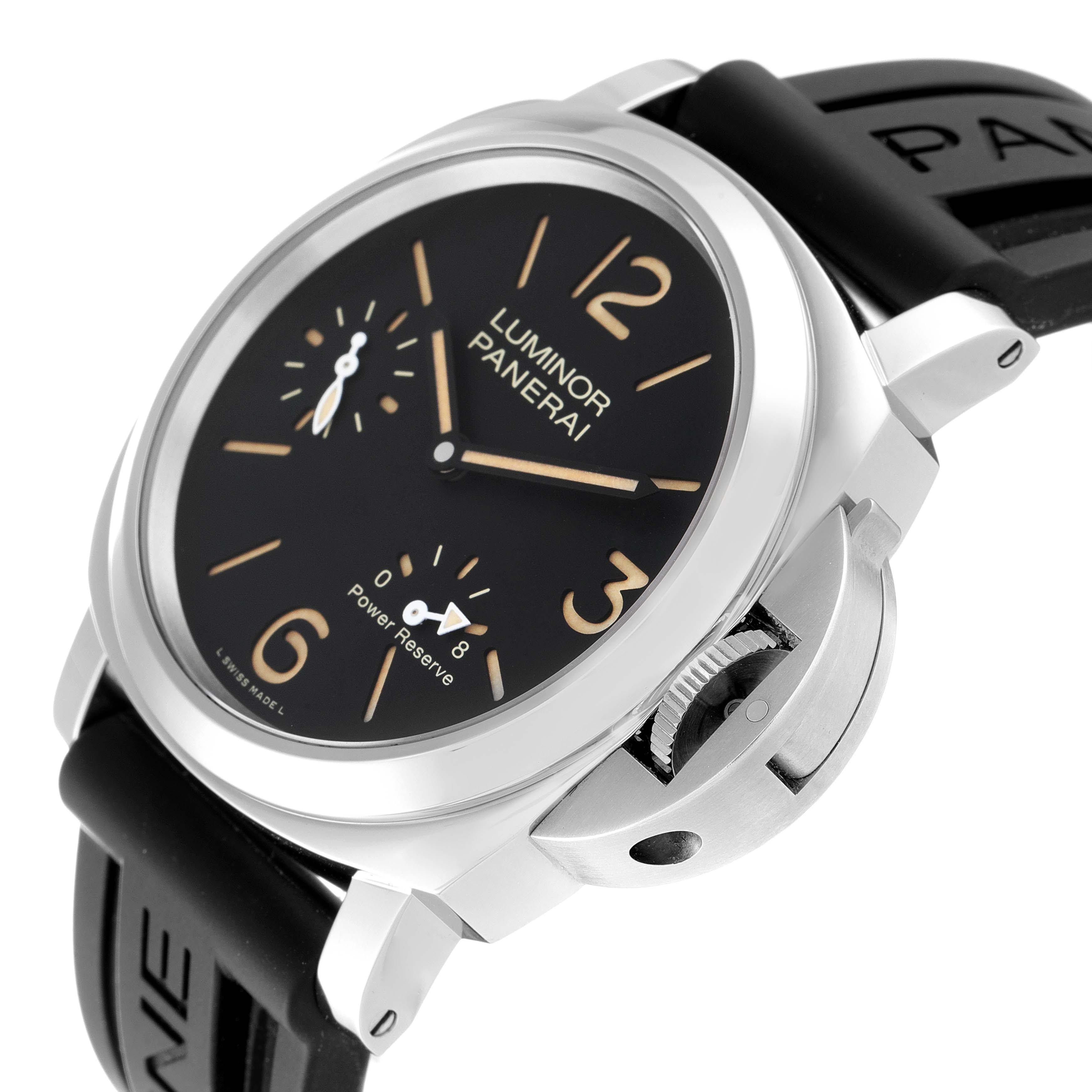 The image shows a Panerai Luminor PAM00795 Men
s Stainless Steel Black Dial PAM00795 Men
s Stainless Steel Black Dial watch from an angled side perspective, highlighting its bezel, dial, crown guard, and strap.