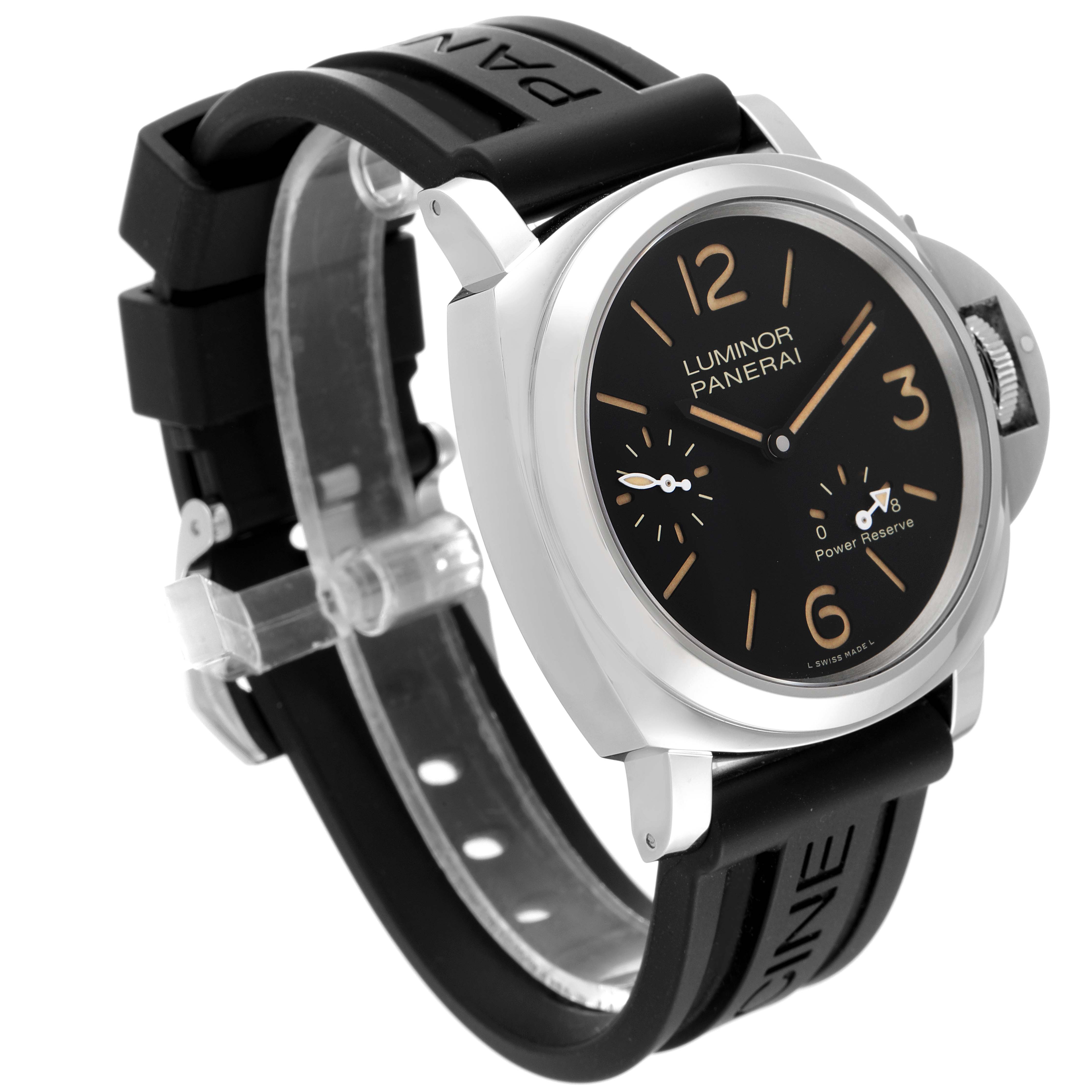 The image shows a side-angle view of a Panerai Luminor PAM00795 Men
s Stainless Steel Black Dial PAM00795 Men
s Stainless Steel Black Dial watch, displaying its black dial, rubber strap, and protective crown guard.