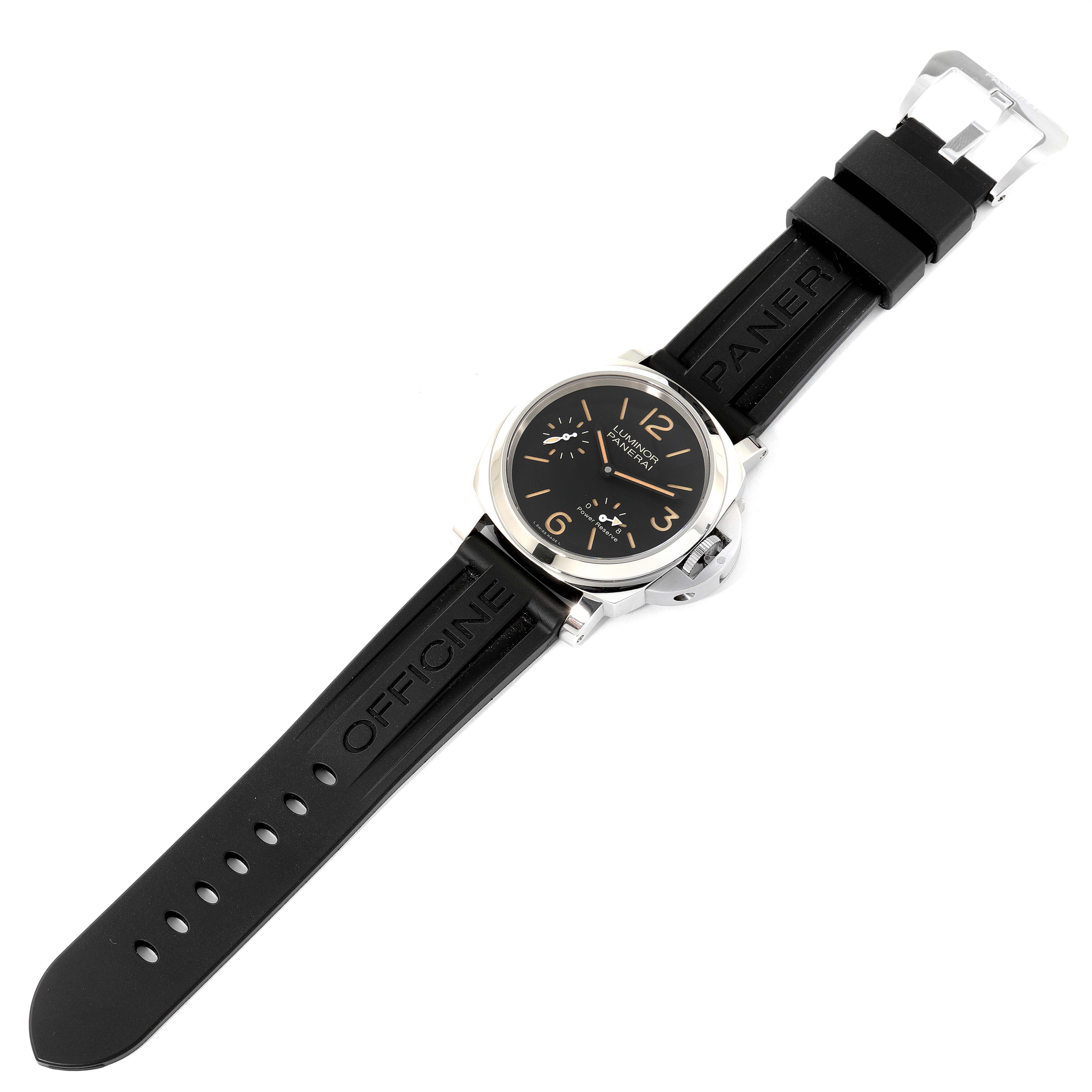 The Panerai Luminor PAM00795 Men
s Stainless Steel Black Dial PAM00795 Men
s Stainless Steel Black Dial watch is shown from a top-down angle, displaying the face, strap, and buckle.