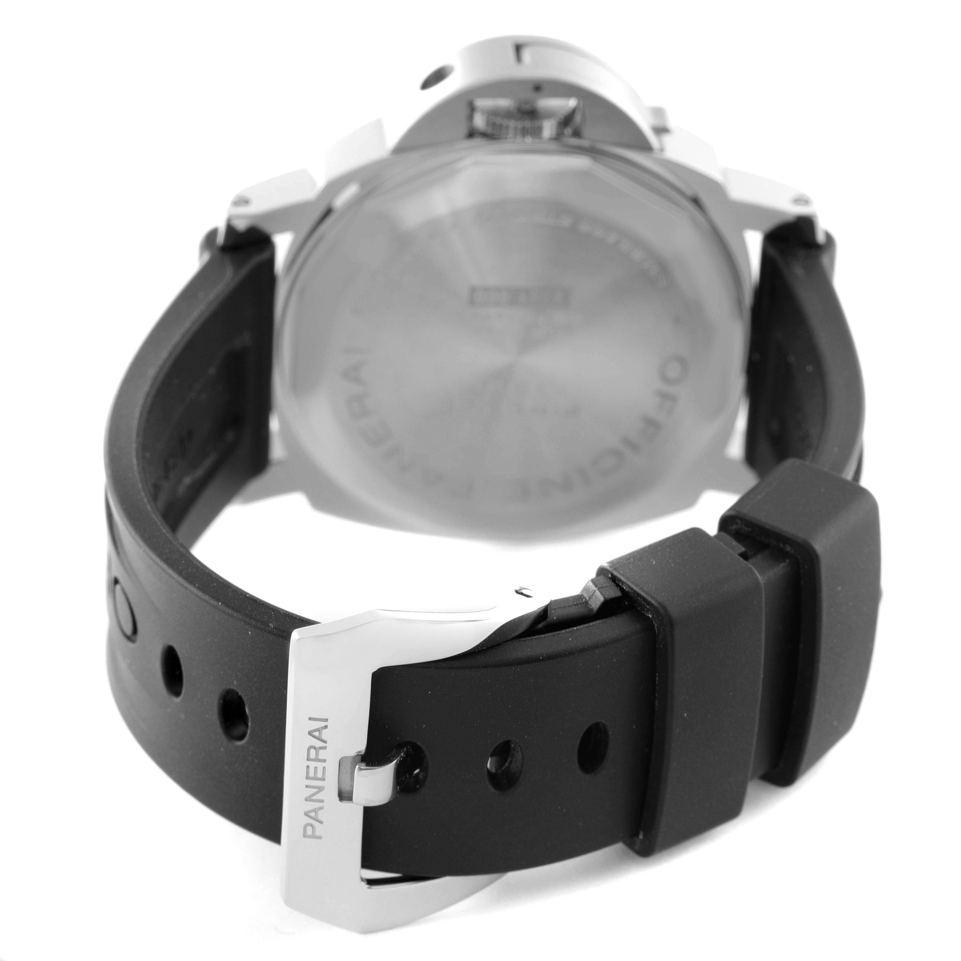 The image shows the rear view of a Panerai Luminor PAM00795 Men
s Stainless Steel Black Dial PAM00795 Men
s Stainless Steel Black Dial watch, focusing on the strap and clasp.
