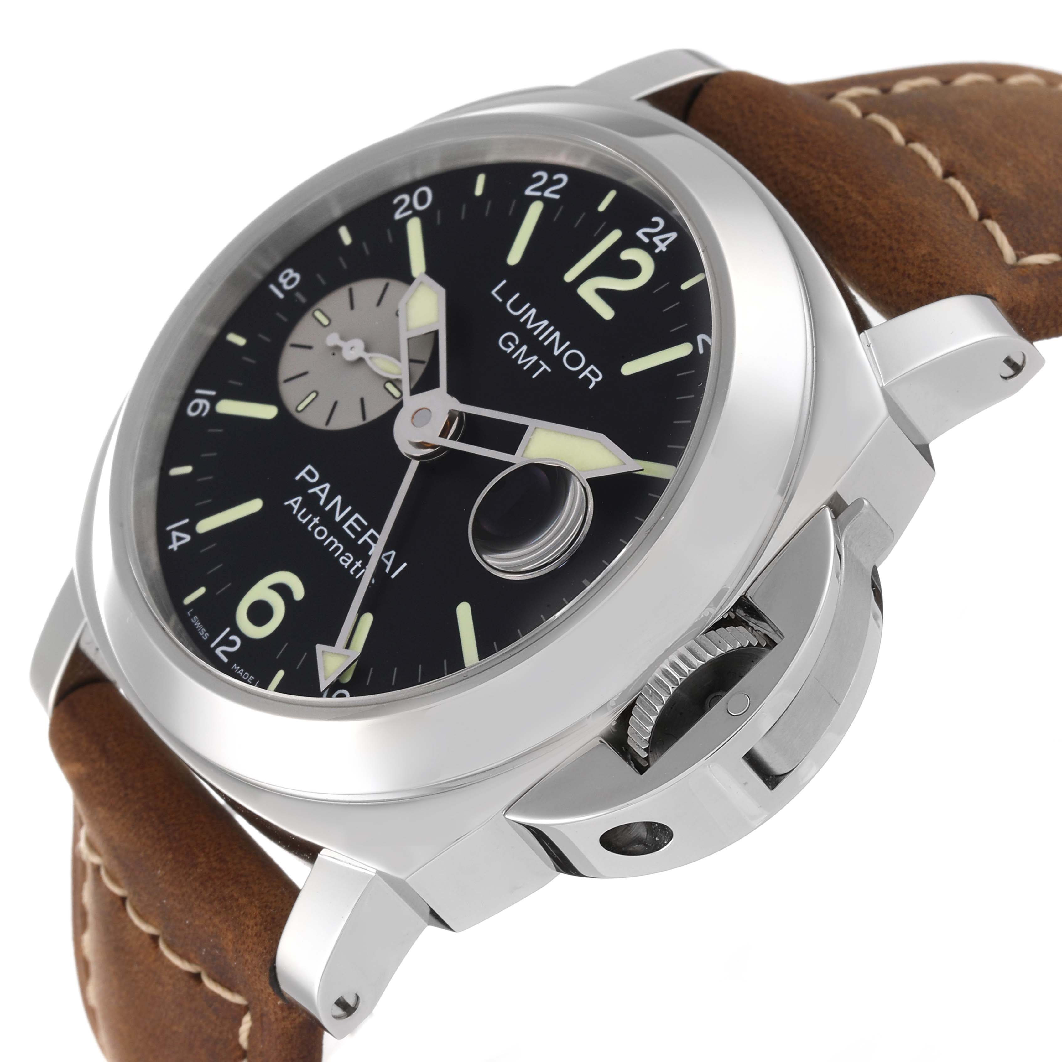 The image shows a Panerai Luminor PAM01088 Men
s Stainless Steel Black Dial PAM01088 Men
s Stainless Steel Black Dial GMT watch at an angled view, highlighting its dial, crown guard, and leather strap.