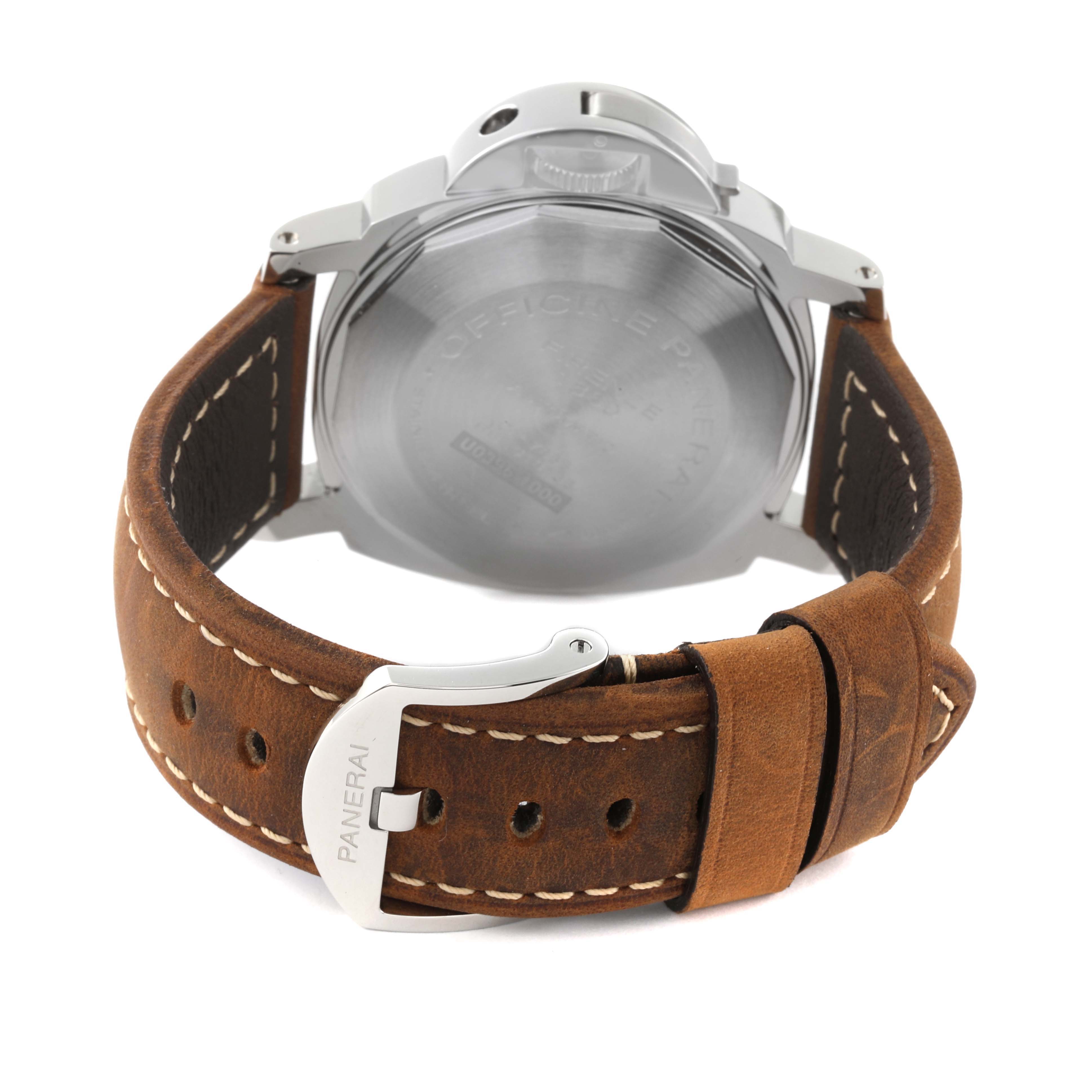 The image shows the back view of a Panerai Luminor PAM01088 Men
s Stainless Steel Black Dial PAM01088 Men
s Stainless Steel Black Dial watch, focusing on the stainless steel case back and brown leather strap with a Panerai buckle.