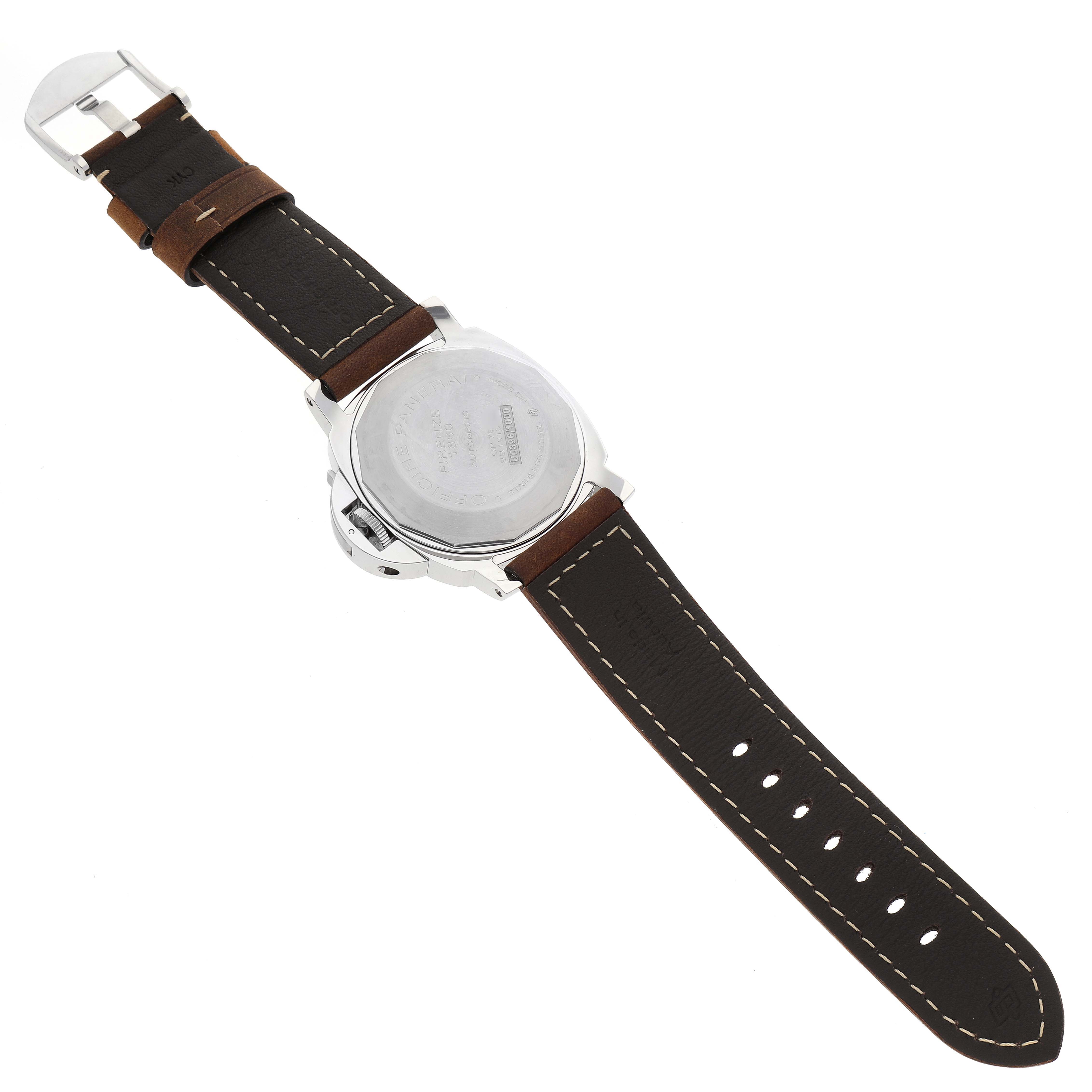 The image shows the back and brown leather straps of a Panerai Luminor PAM01088 Men
s Stainless Steel Black Dial PAM01088 Men
s Stainless Steel Black Dial watch at an angle.