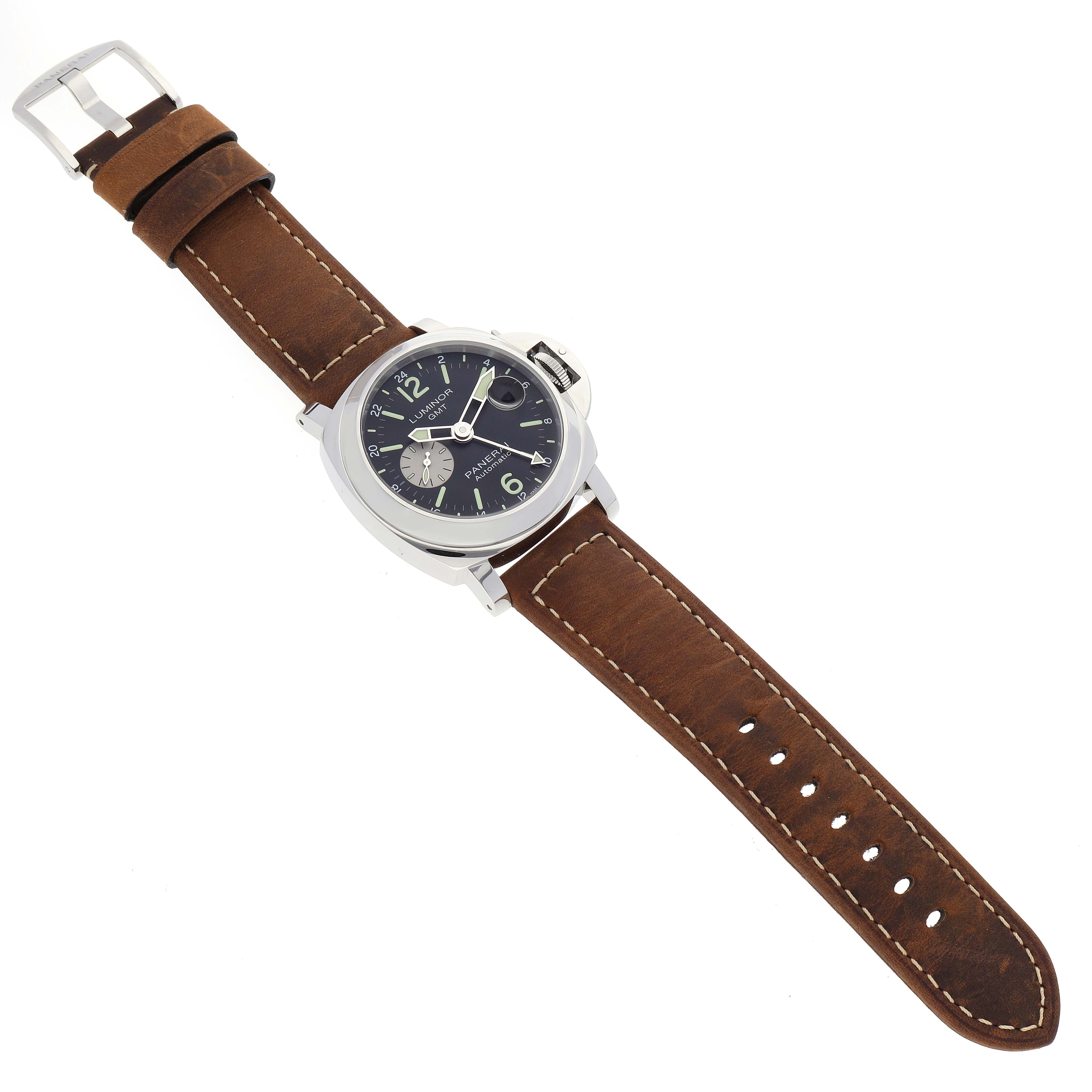 The image shows a top view of a Panerai Luminor PAM01088 Men
s Stainless Steel Black Dial PAM01088 Men
s Stainless Steel Black Dial watch with a brown leather strap and a black dial.