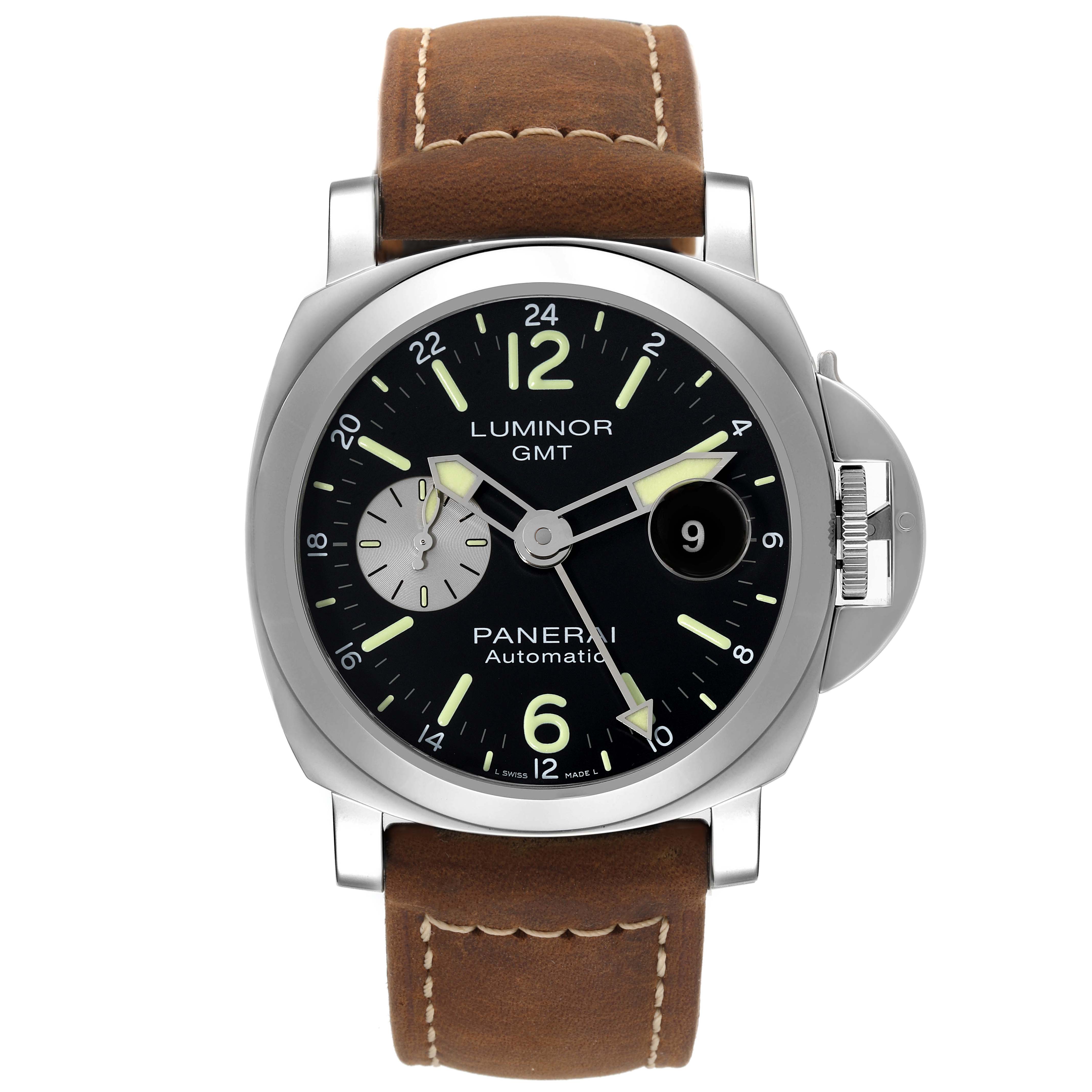 The Panerai Luminor PAM01088 Men
s Stainless Steel Black Dial PAM01088 Men
s Stainless Steel Black Dial GMT watch is shown from a front angle, displaying the dial, bezel, case, and brown leather strap.