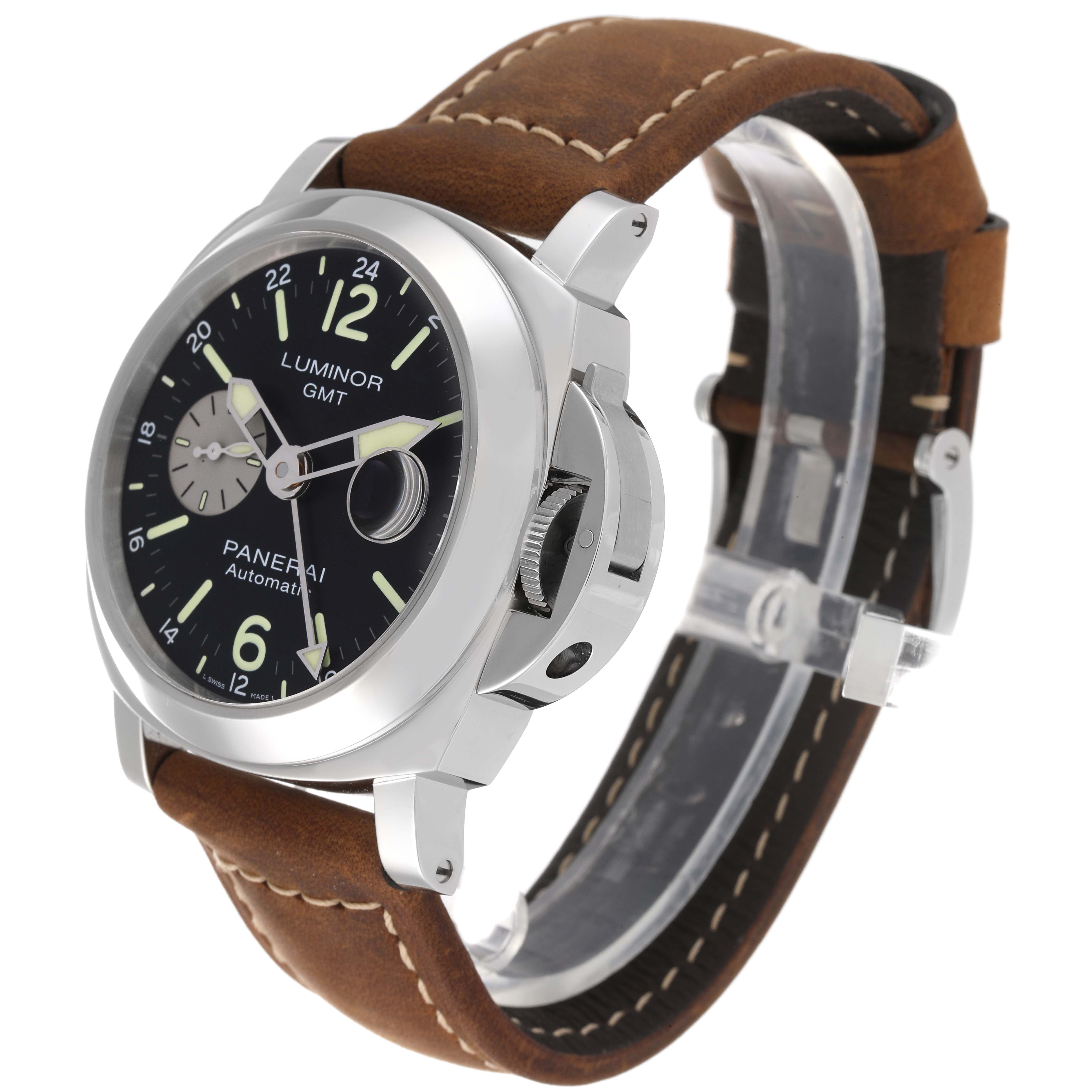 The image shows a Panerai Luminor PAM01088 Men
s Stainless Steel Black Dial PAM01088 Men
s Stainless Steel Black Dial GMT watch at an angled side view, highlighting the face, crown guard, and brown leather strap.