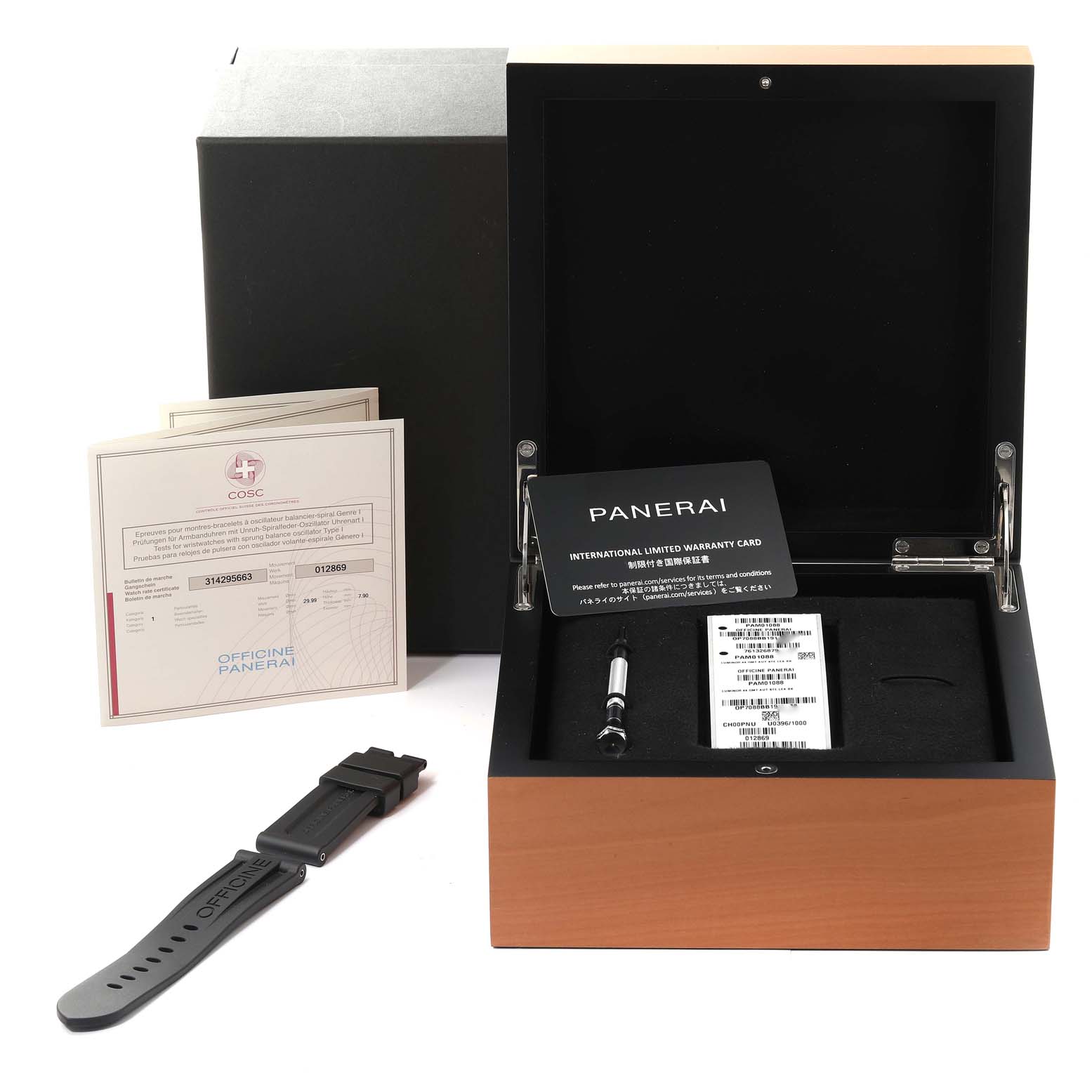 The image shows the open box, warranty card, documents, and a strap for a Panerai Luminor PAM01088 Men
s Stainless Steel Black Dial PAM01088 Men
s Stainless Steel Black Dial model watch.