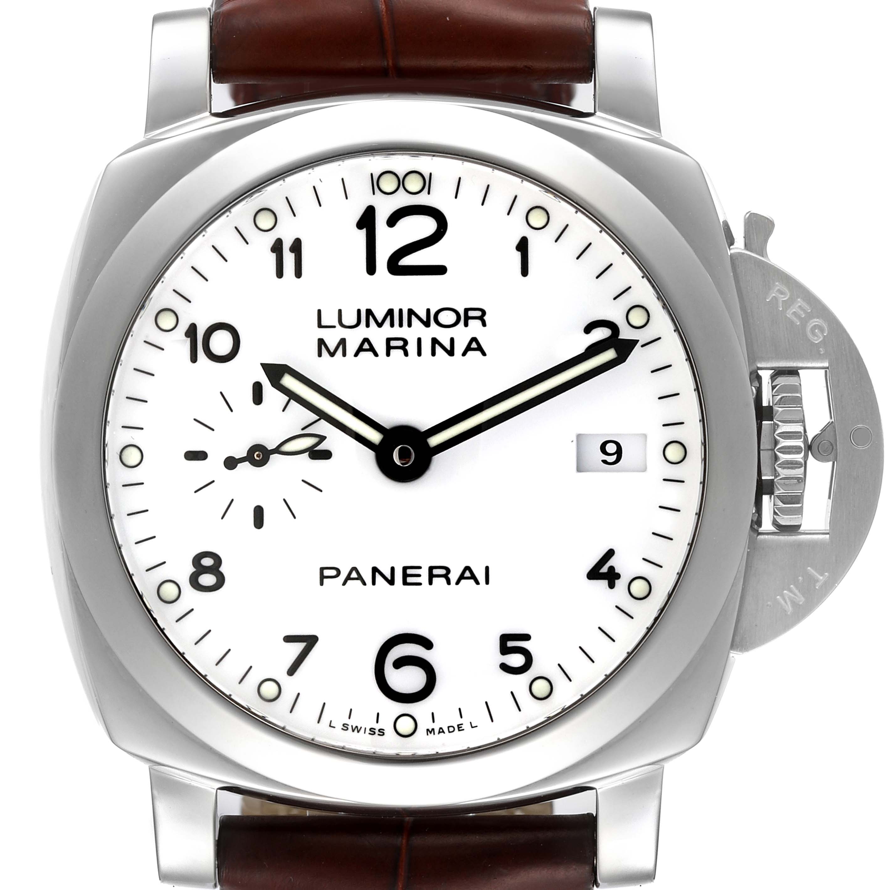 The Panerai Luminor PAM00523 Men
s Stainless Steel White Dial PAM00523 Men
s Stainless Steel White Dial watch is shown from a front angle, highlighting the dial, hands, crown guard, and brown strap.