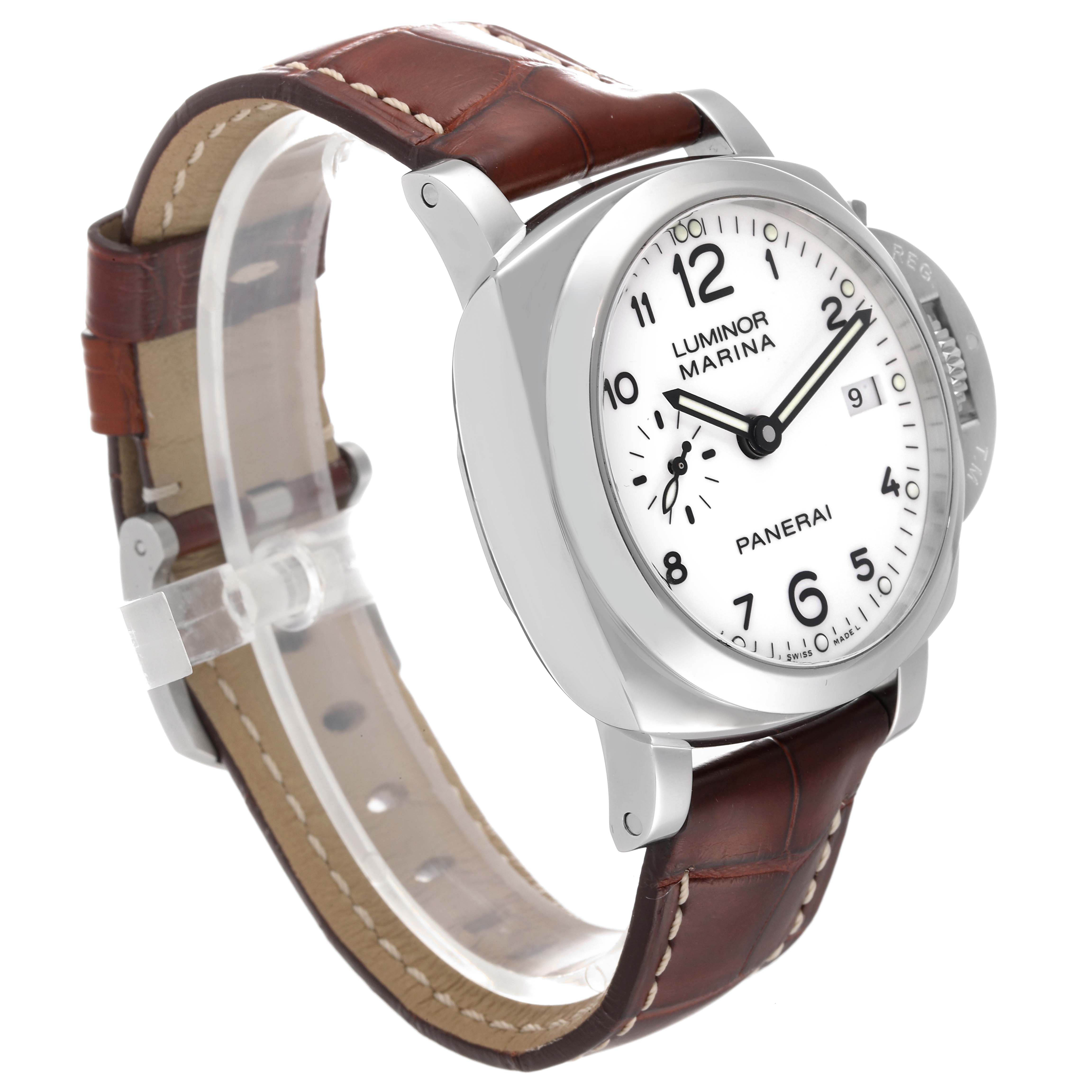 The Luminor Panerai watch is shown at a slight side angle featuring its face, case, and brown leather strap.